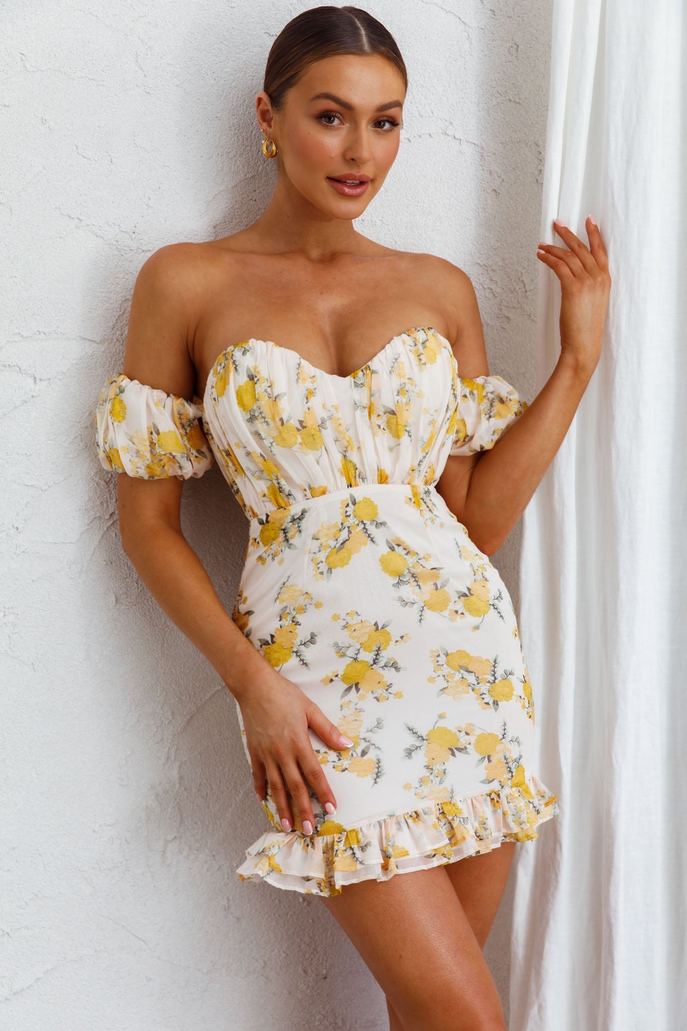 Verona Off-Shoulder Gathered Mini Dress Floral Yellow by Selfie Leslie