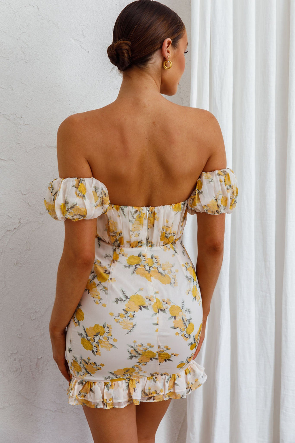 Verona Off-Shoulder Gathered Mini Dress Floral Yellow by Selfie Leslie