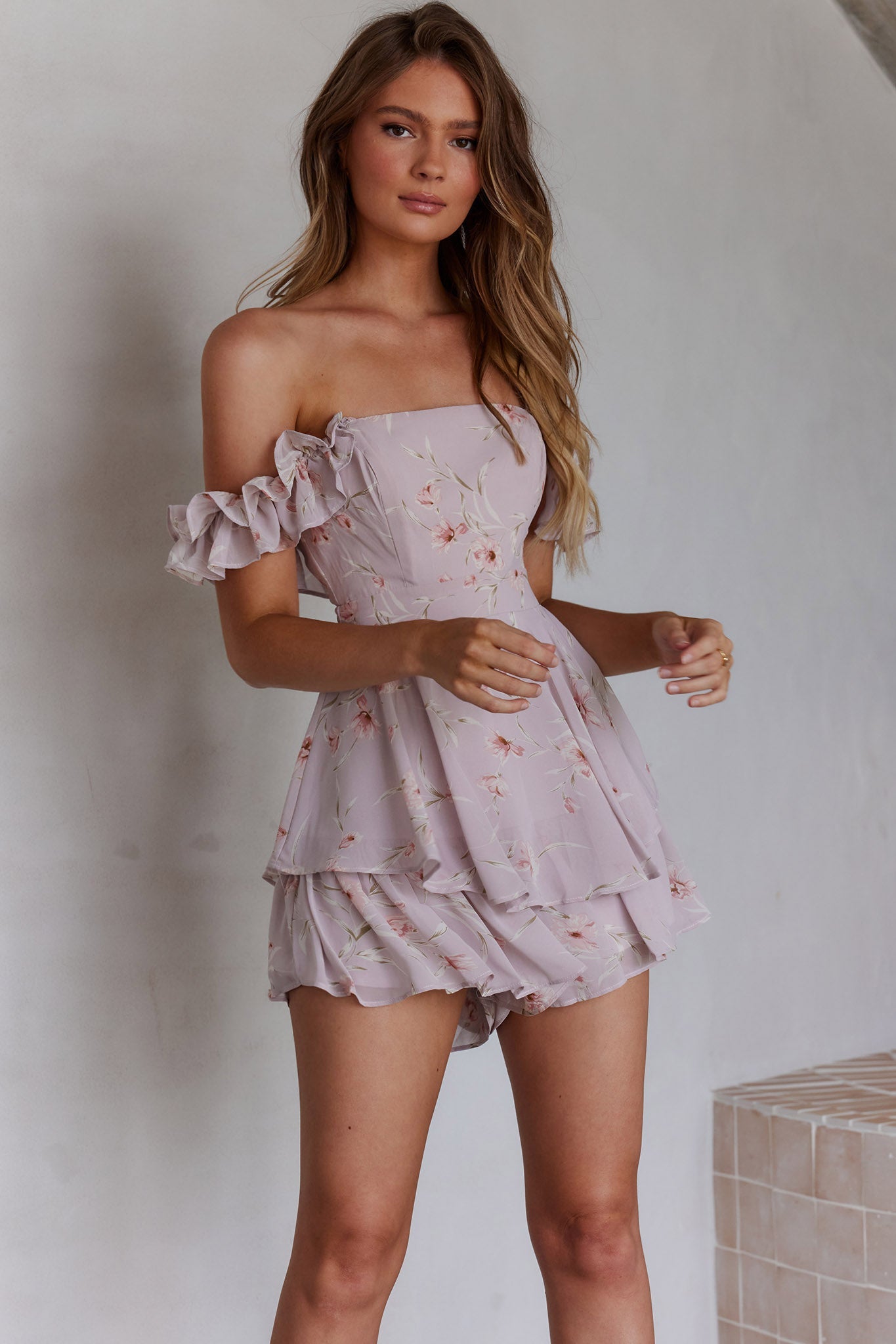 Verona Off-Shoulder Romper Floral Print Pink by Selfie Leslie
