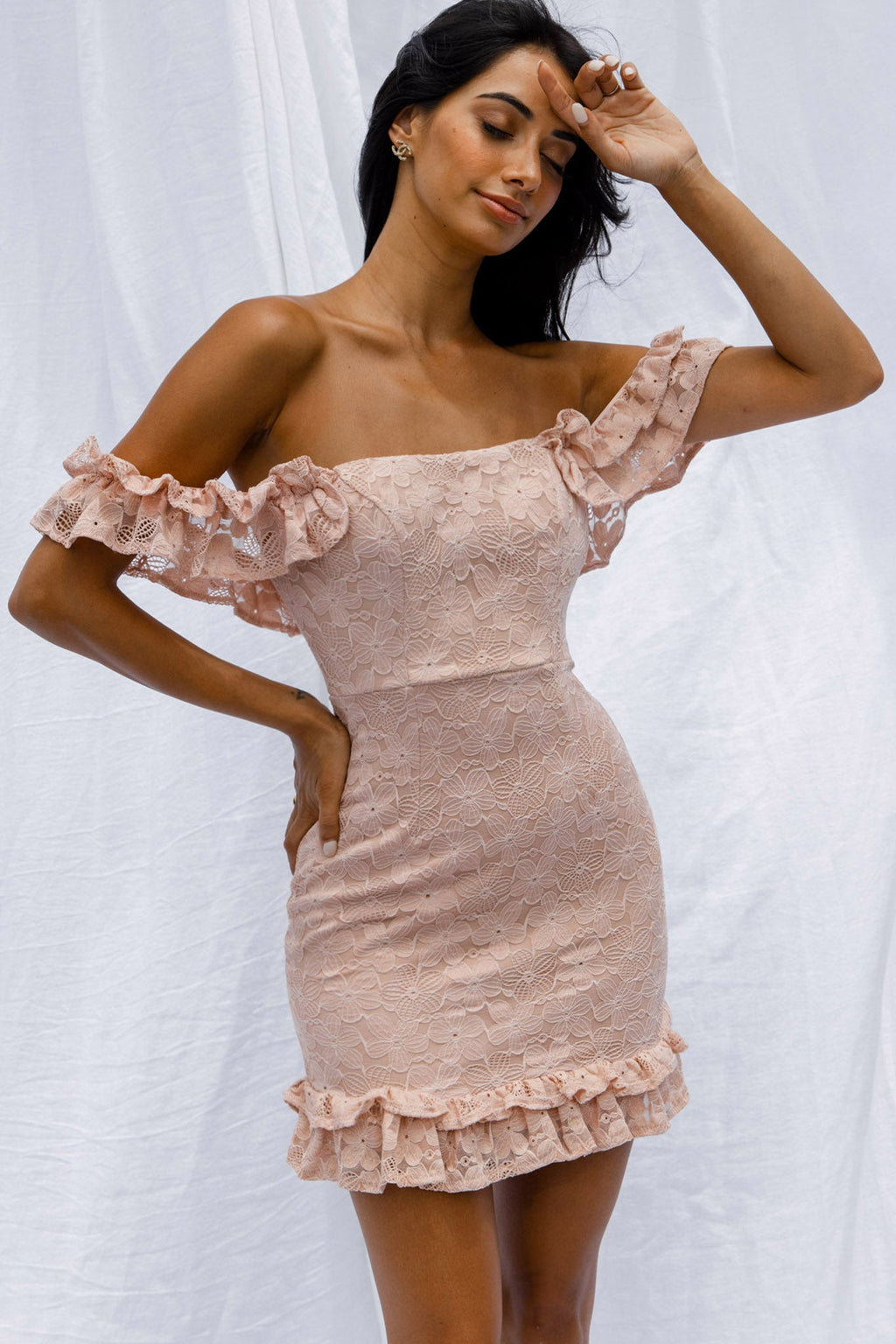 Verona Off-Shoulder Lace Overlay Mini Dress Blush by Selfie Leslie