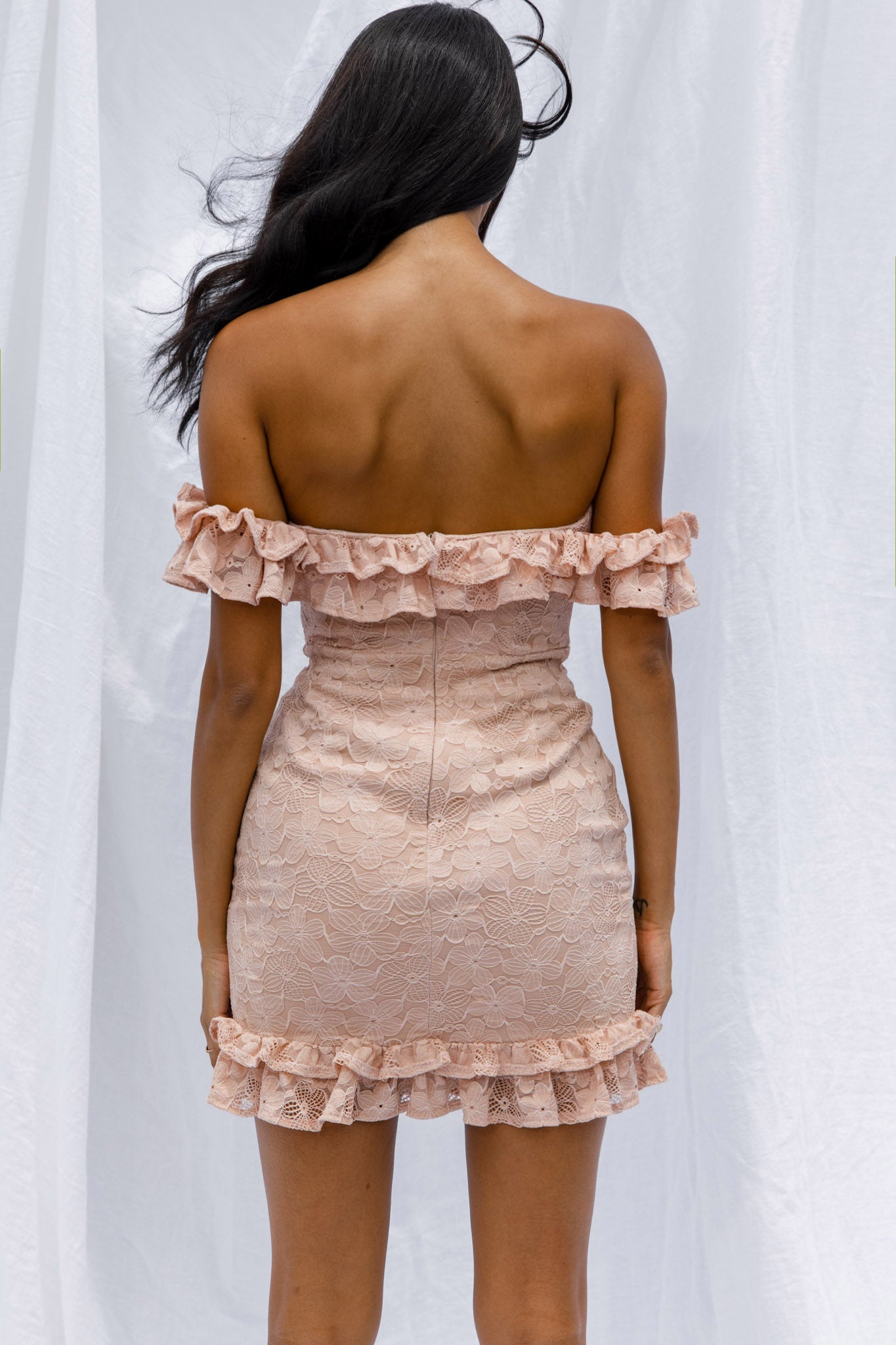 Verona Off-Shoulder Lace Overlay Mini Dress Blush by Selfie Leslie