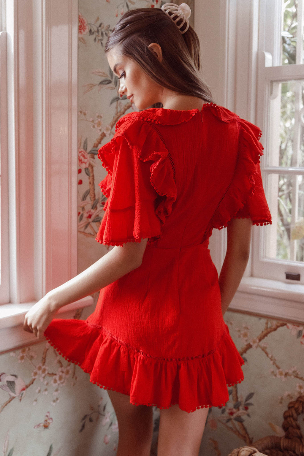 Shay Ruffle Lace Trim Mini Dress Red by Selfie Leslie Australia