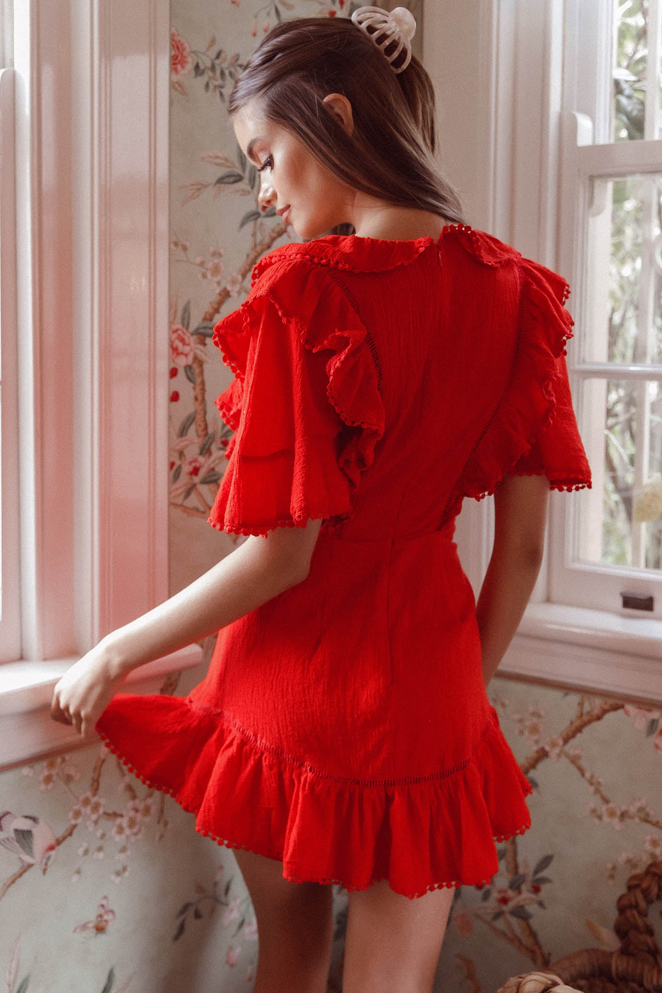 Shay Ruffle Lace Trim Mini Dress Red by Selfie Leslie Australia