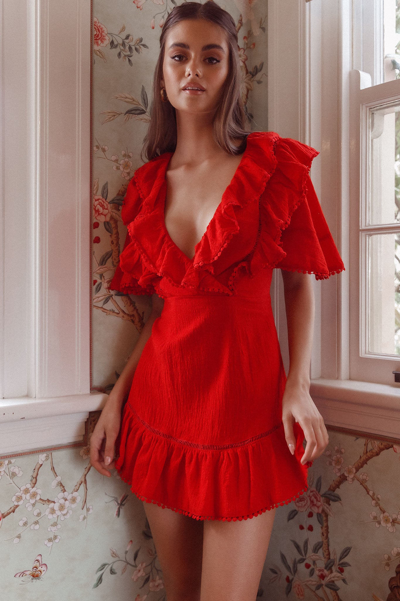 Shay Ruffle Lace Trim Mini Dress Red by Selfie Leslie Australia
