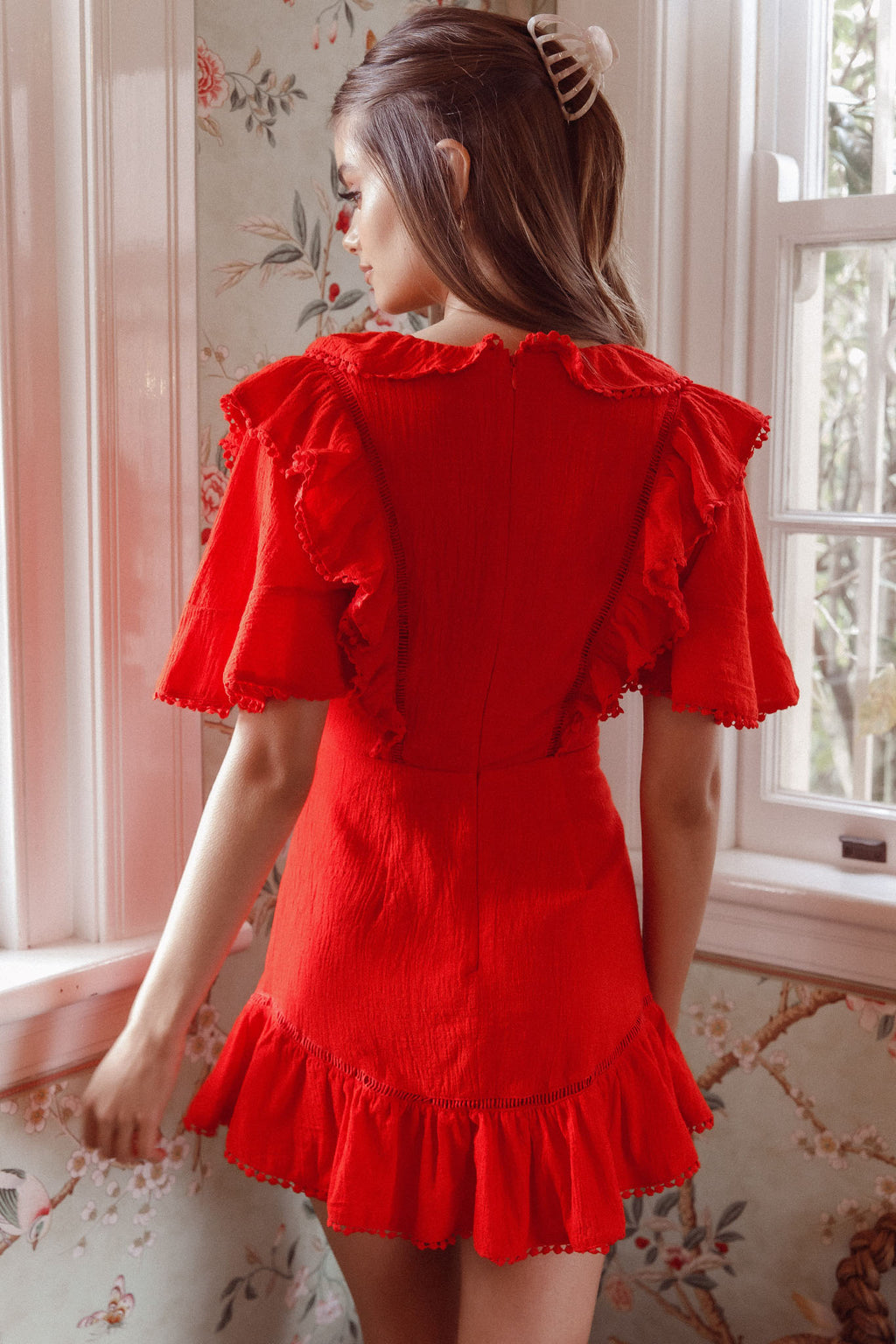 Shay Ruffle Lace Trim Mini Dress Red by Selfie Leslie Australia