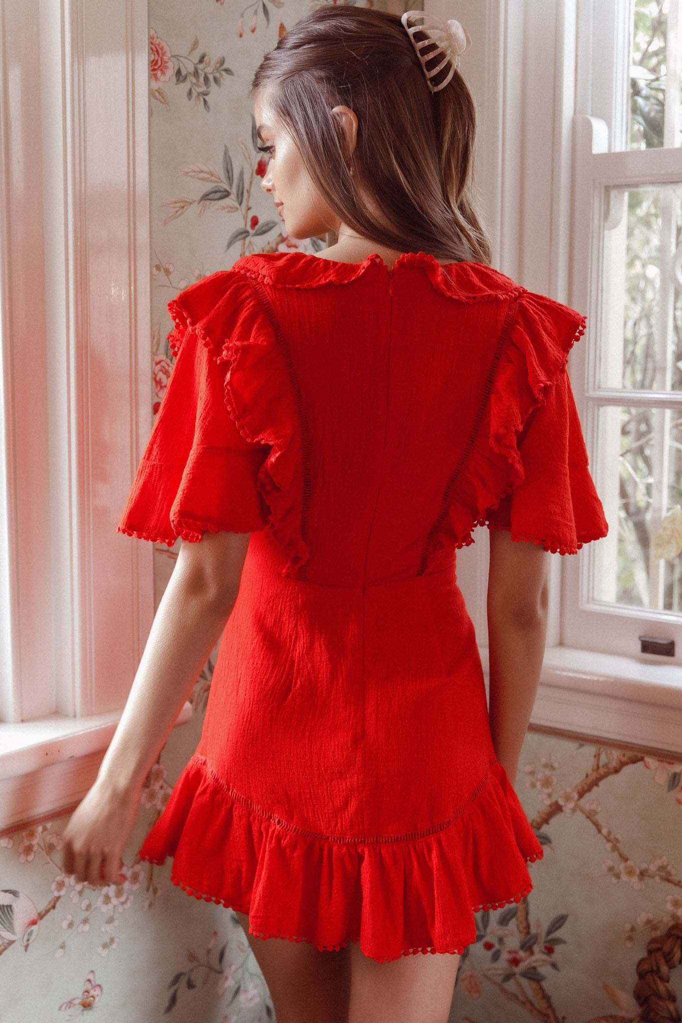 Shay Ruffle Lace Trim Mini Dress Red by Selfie Leslie Australia