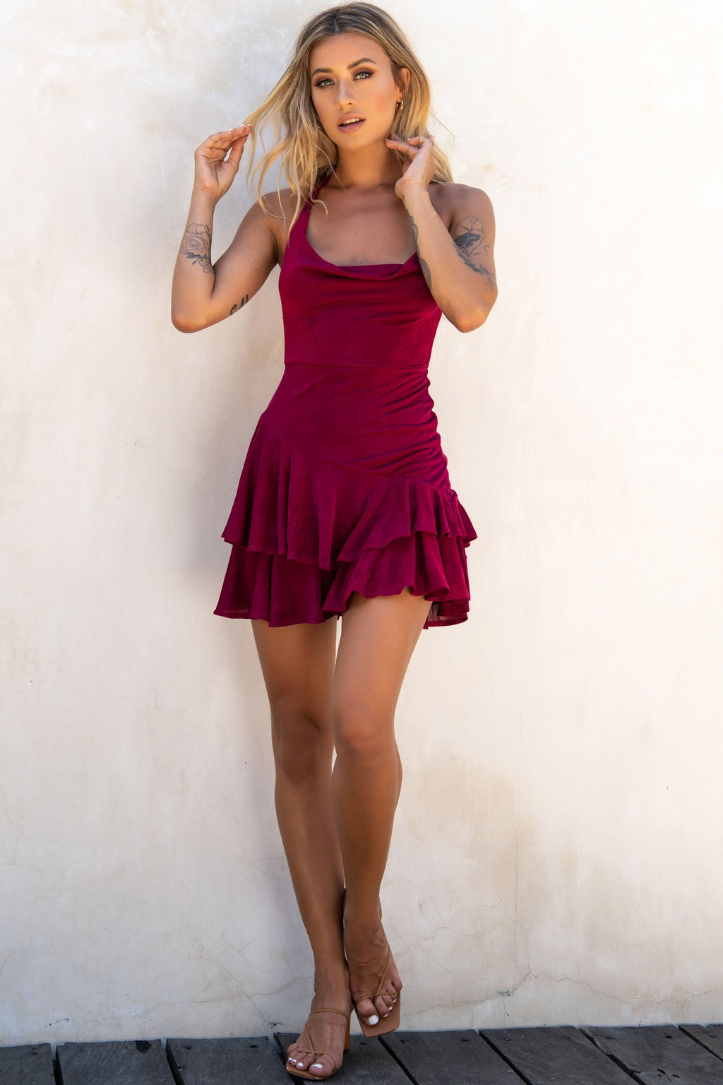 Bring On The Night Cowl Halterneck Dress Plum by Selfie Leslie