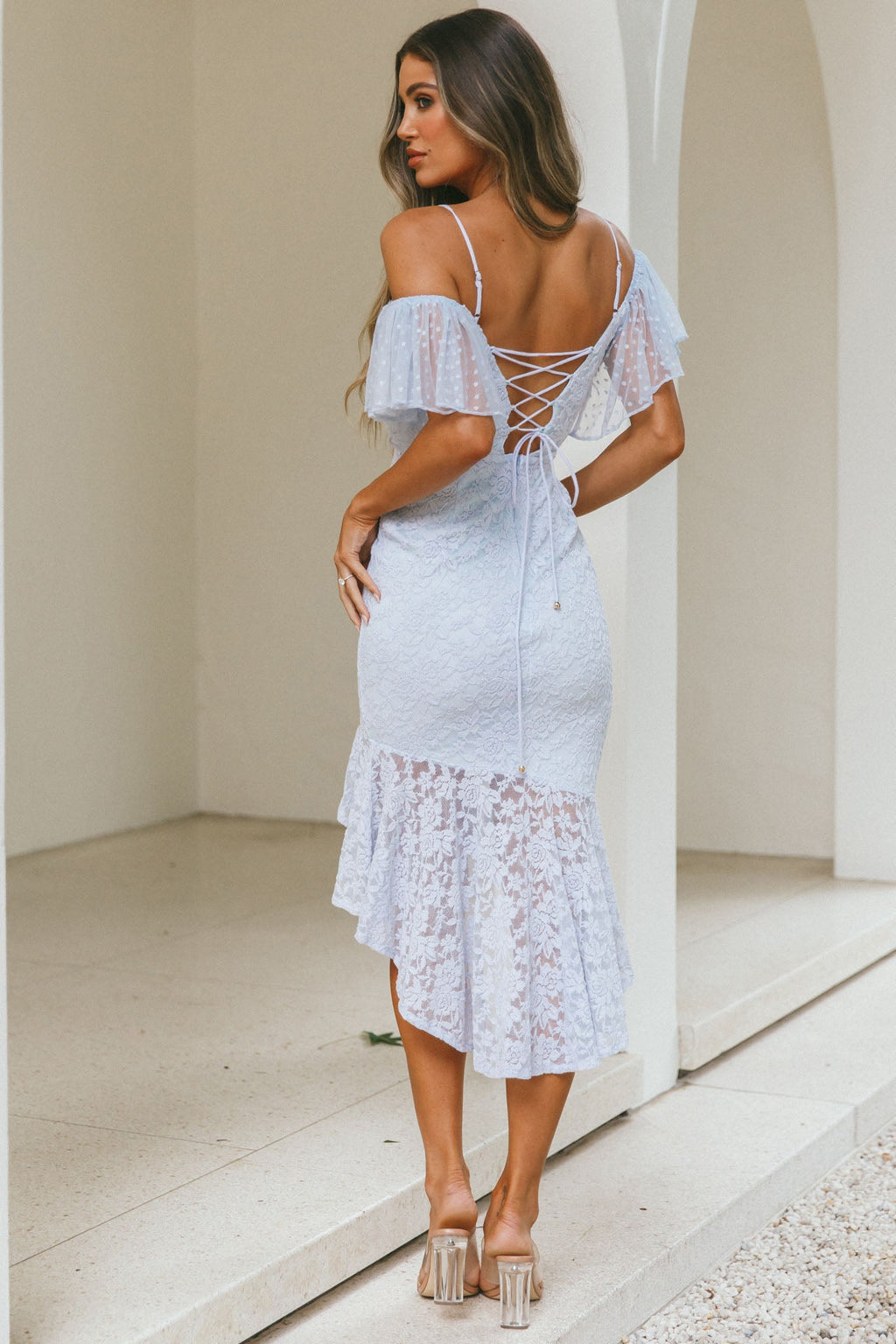 Maribel Hail Spot Sleeve Asymmetrical Hem Lace Midi Dress Baby Blue by Selfie Leslie