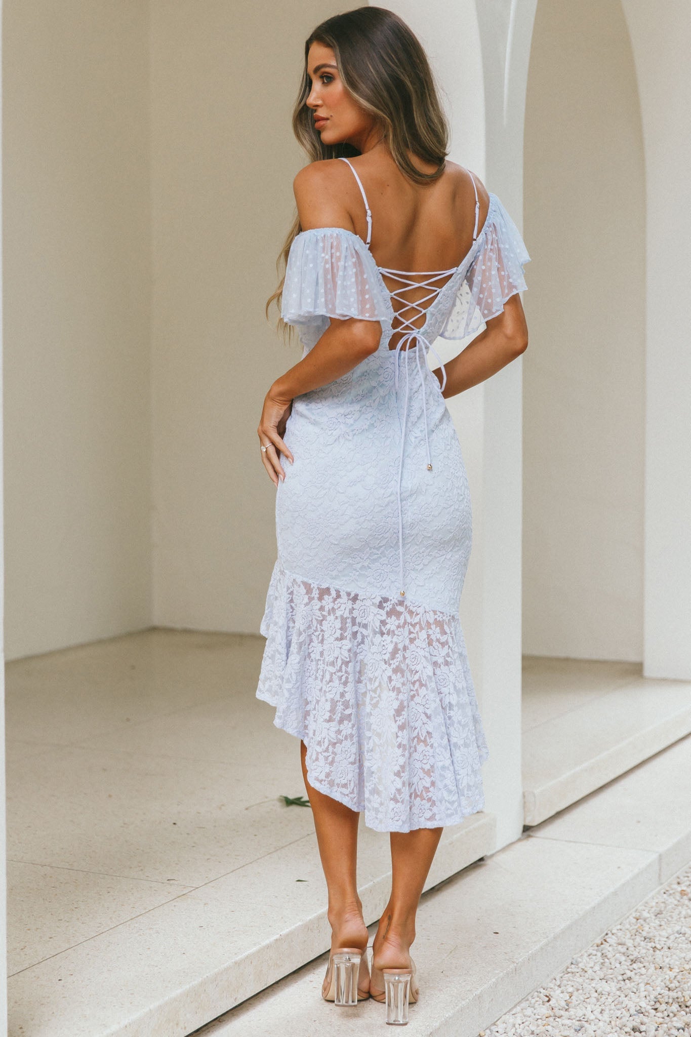 Maribel Hail Spot Sleeve Asymmetrical Hem Lace Midi Dress Baby Blue by Selfie Leslie