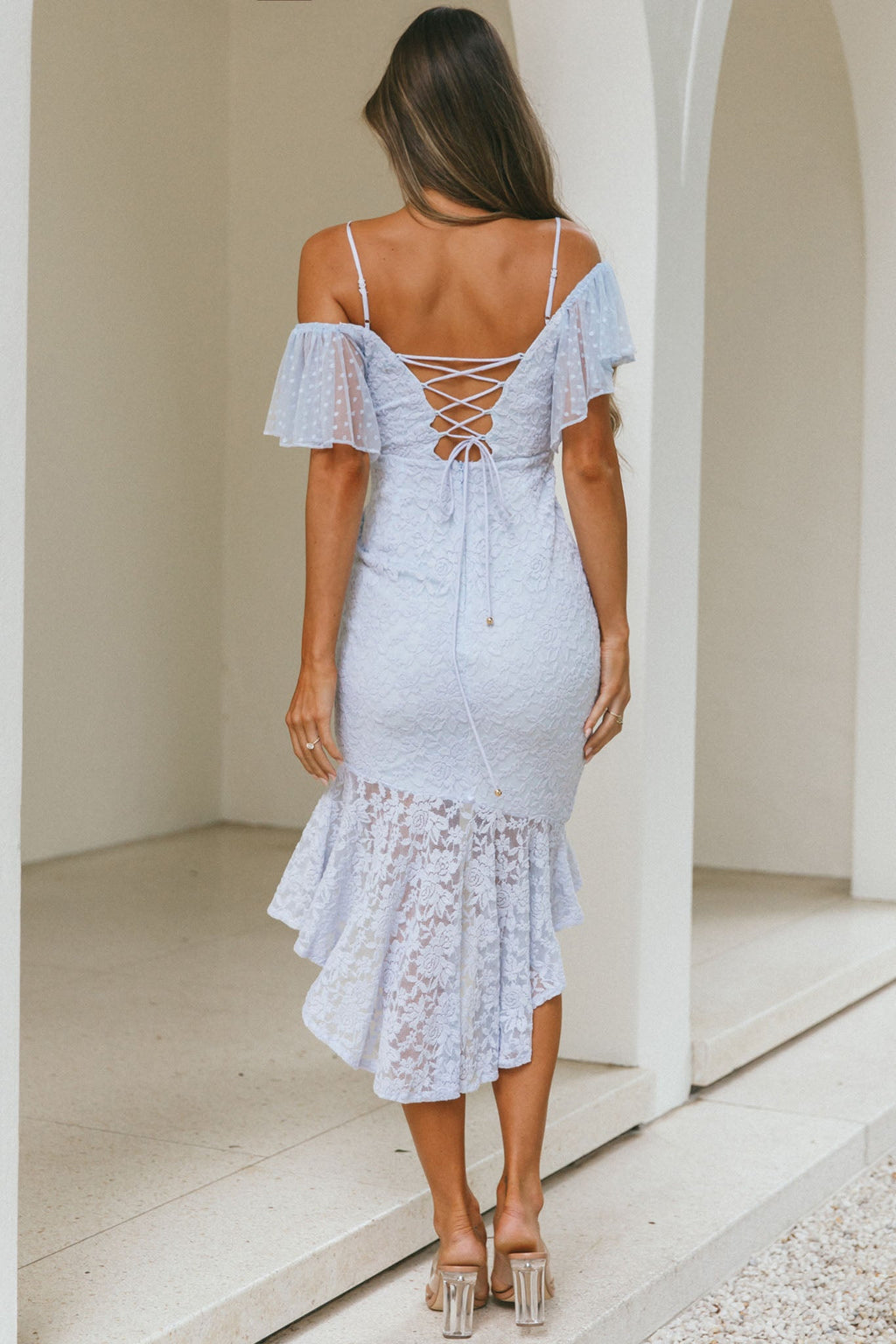 Maribel Hail Spot Sleeve Asymmetrical Hem Lace Midi Dress Baby Blue by Selfie Leslie