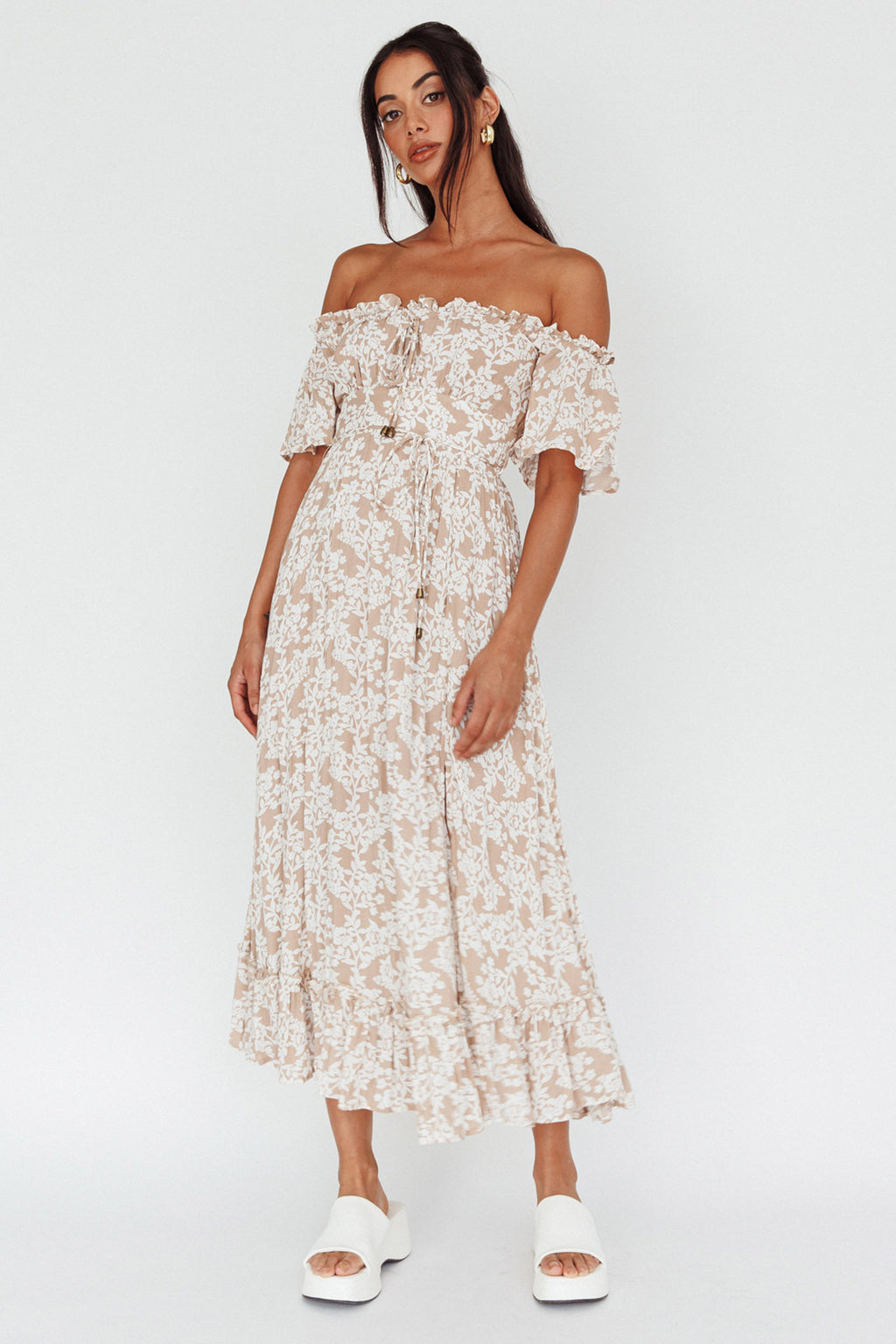 Voyager Off-Shoulder Bell Sleeve Midi Dress Floral Blush by Selfie Leslie Australia
