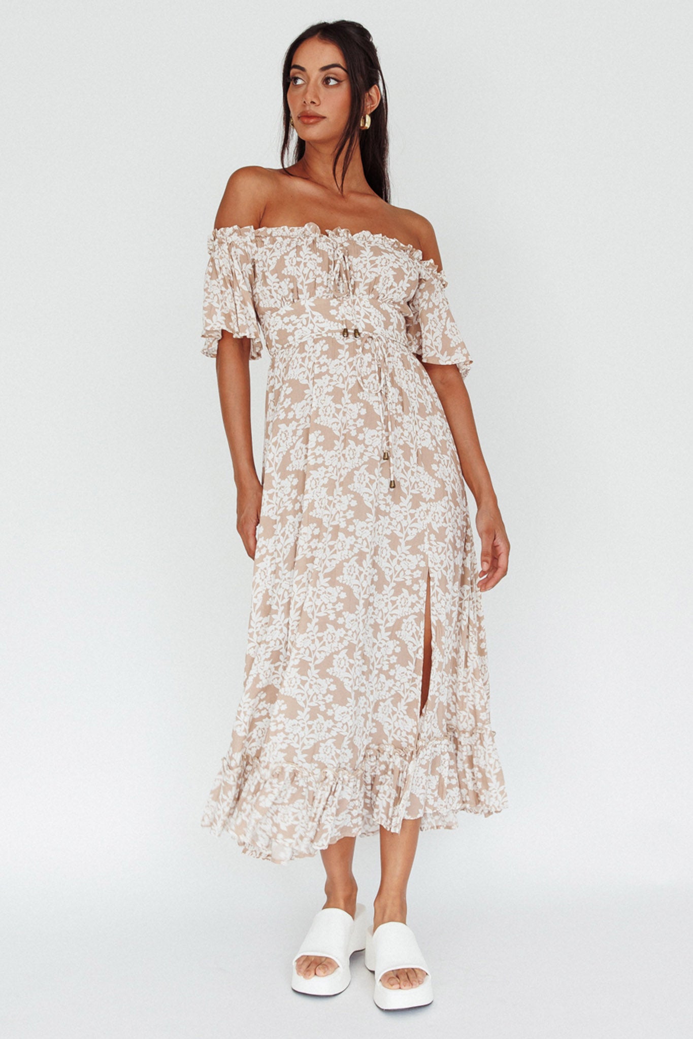Voyager Off-Shoulder Bell Sleeve Midi Dress Floral Blush by Selfie Leslie Australia