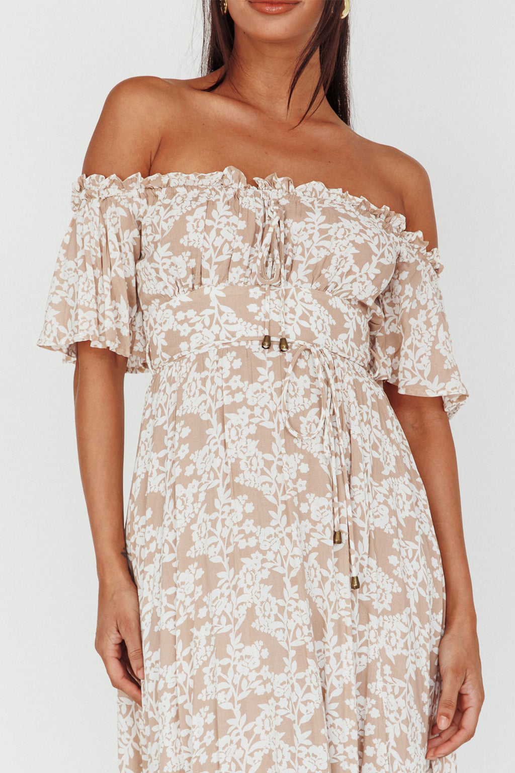 Voyager Off-Shoulder Bell Sleeve Midi Dress Floral Blush by Selfie Leslie Australia