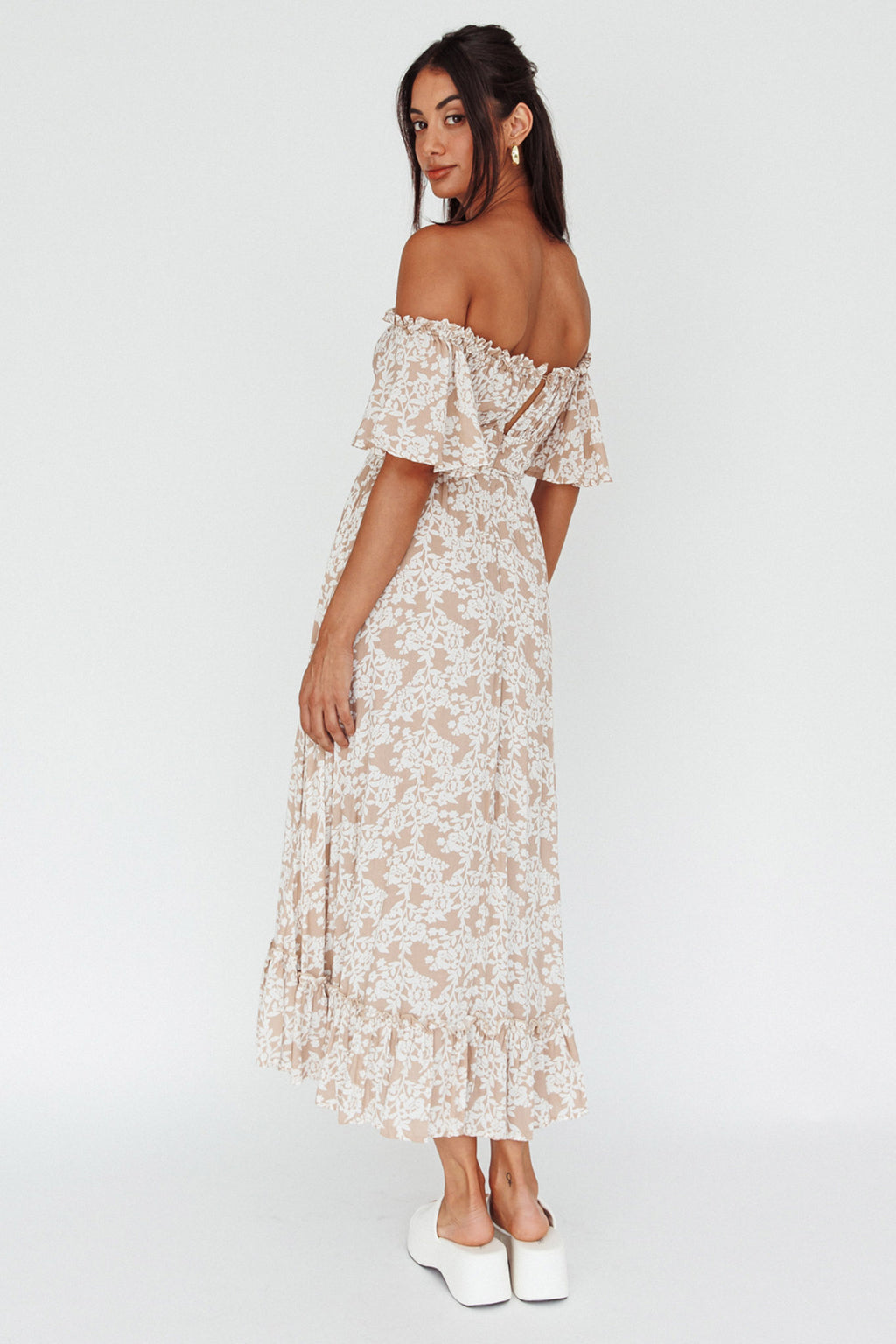 Voyager Off-Shoulder Bell Sleeve Midi Dress Floral Blush by Selfie Leslie Australia