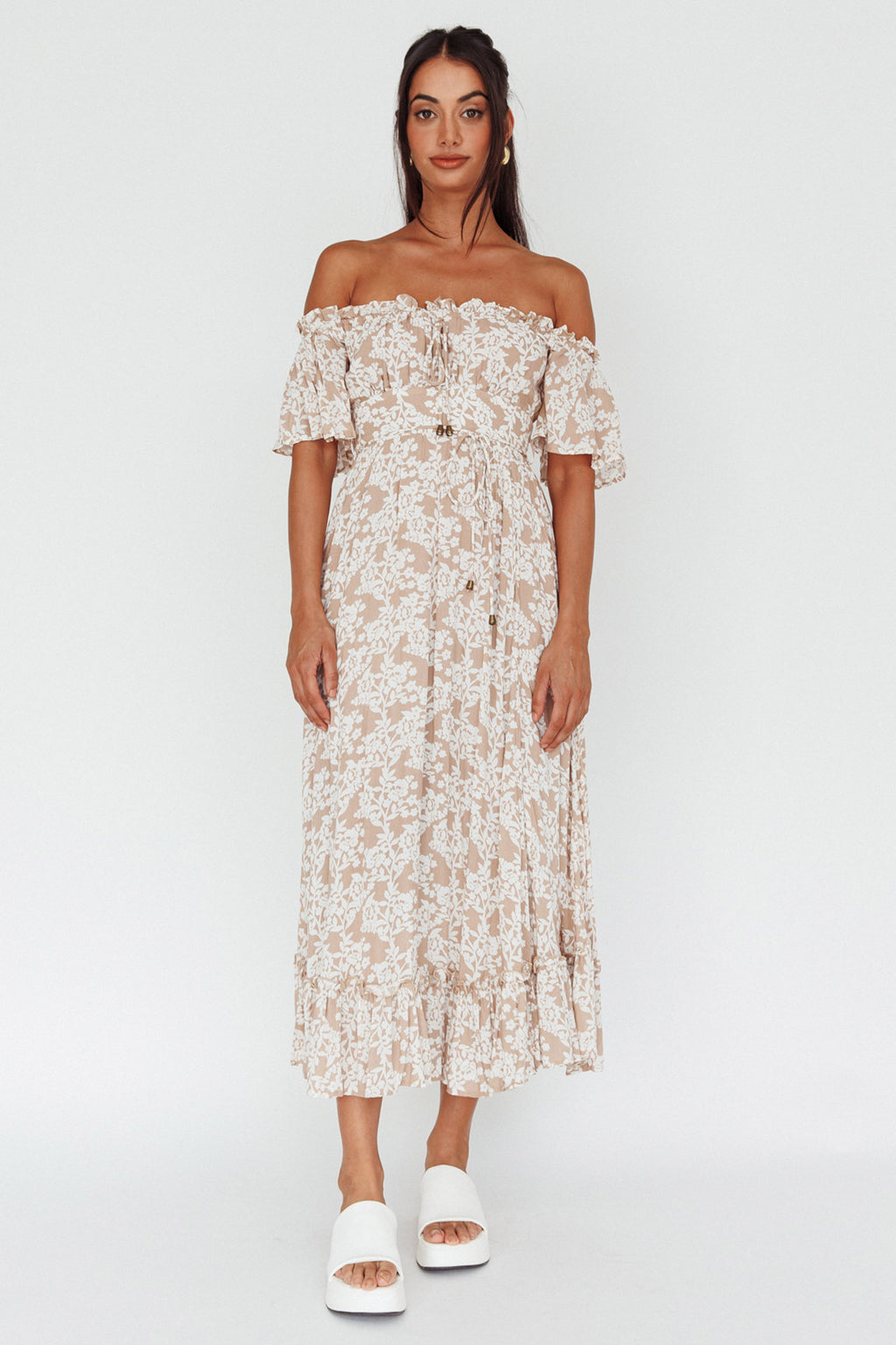 Voyager Off-Shoulder Bell Sleeve Midi Dress Floral Blush by Selfie Leslie Australia
