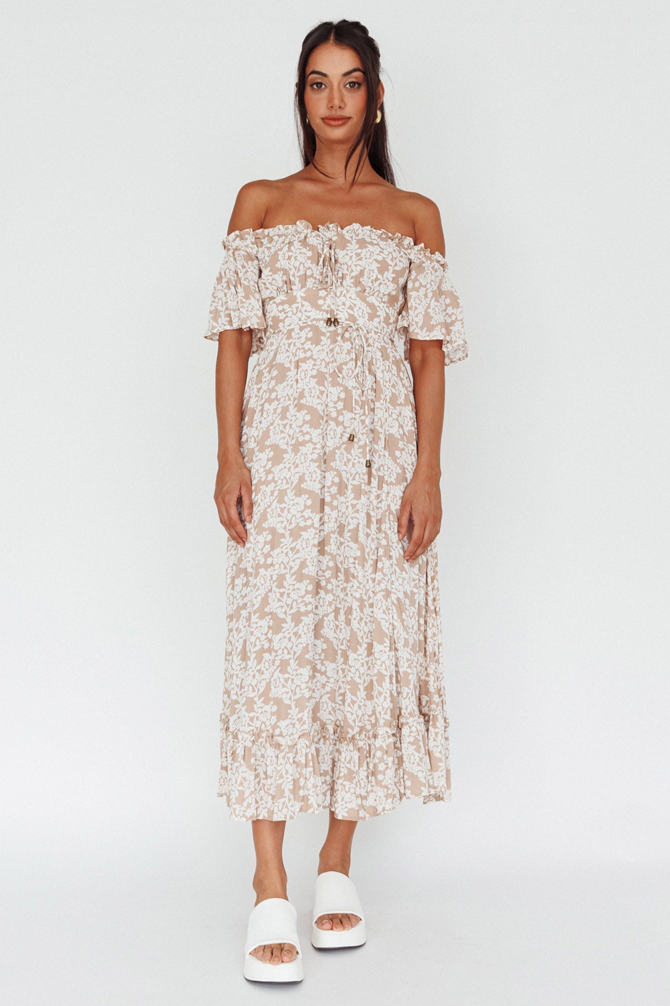 Voyager Off-Shoulder Bell Sleeve Midi Dress Floral Blush by Selfie Leslie Australia