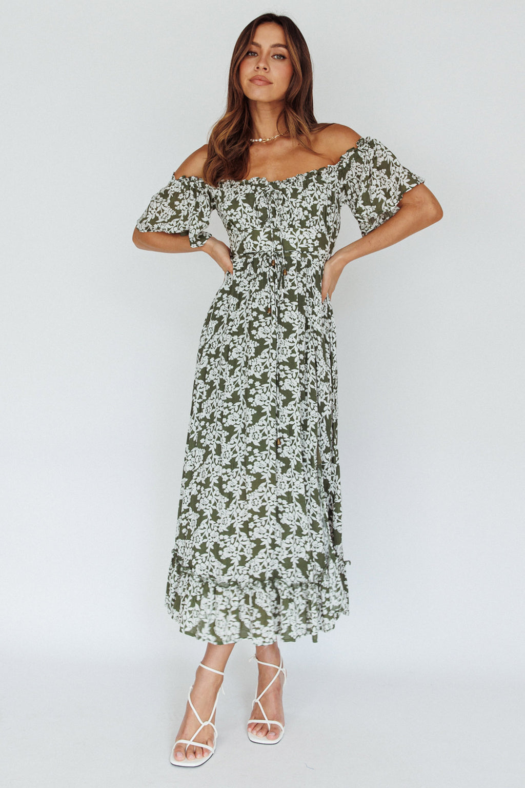 Voyager Off-Shoulder Bell Sleeve Midi Dress Floral Green by Selfie Leslie Australia