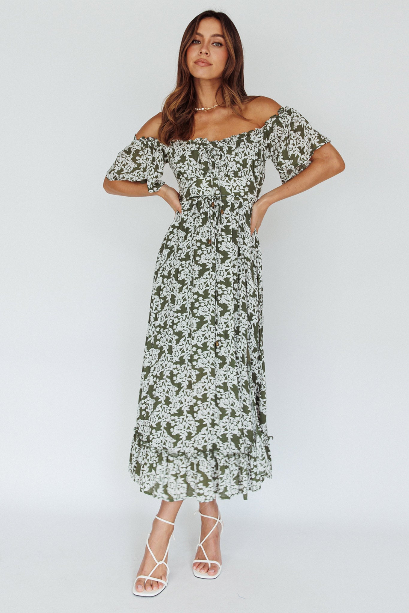 Voyager Off-Shoulder Bell Sleeve Midi Dress Floral Green by Selfie Leslie Australia