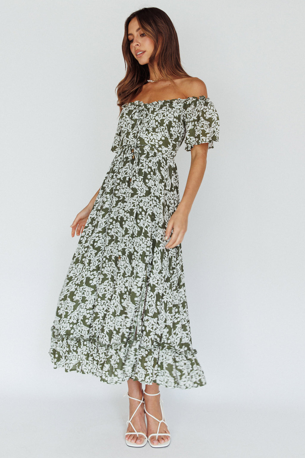 Voyager Off-Shoulder Bell Sleeve Midi Dress Floral Green by Selfie Leslie Australia