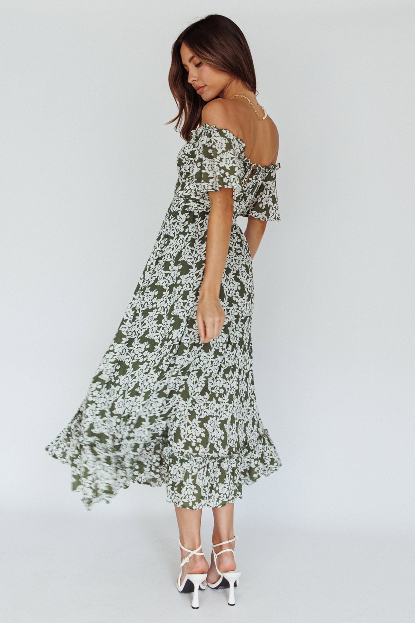 Voyager Off-Shoulder Bell Sleeve Midi Dress Floral Green by Selfie Leslie Australia