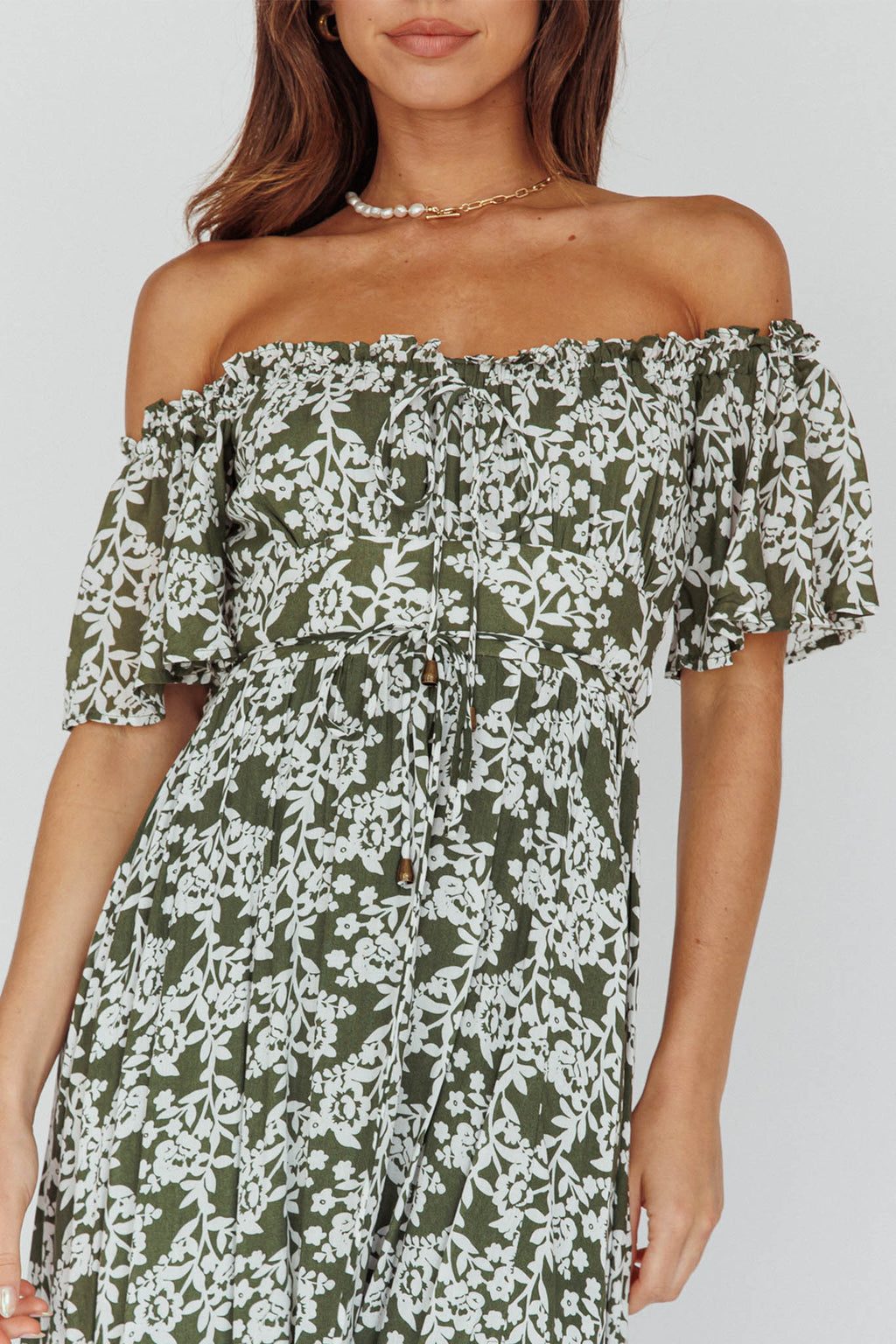 Voyager Off-Shoulder Bell Sleeve Midi Dress Floral Green by Selfie Leslie Australia