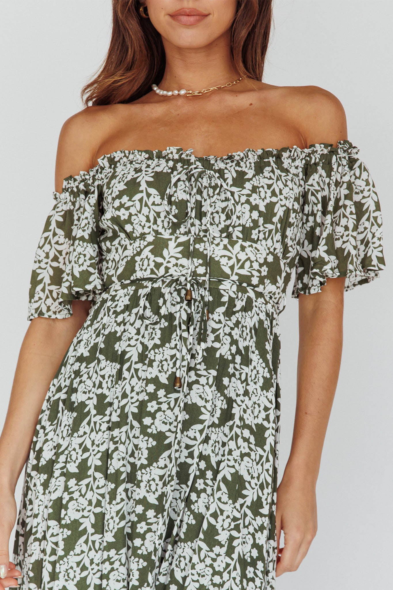Voyager Off-Shoulder Bell Sleeve Midi Dress Floral Green by Selfie Leslie Australia