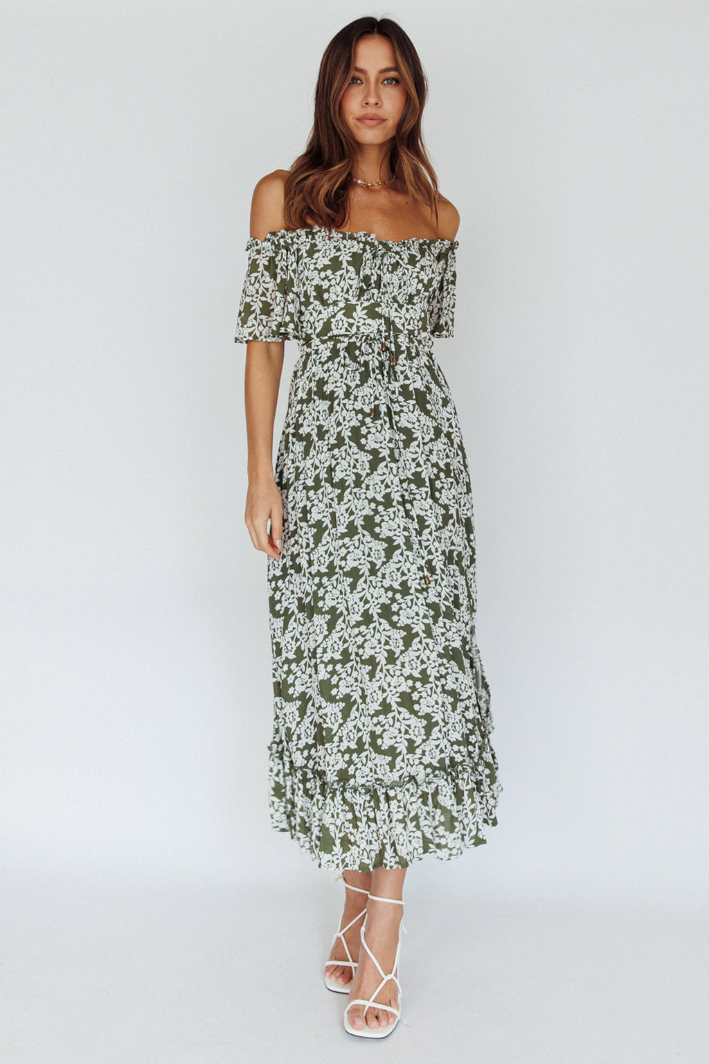 Voyager Off-Shoulder Bell Sleeve Midi Dress Floral Green by Selfie Leslie Australia