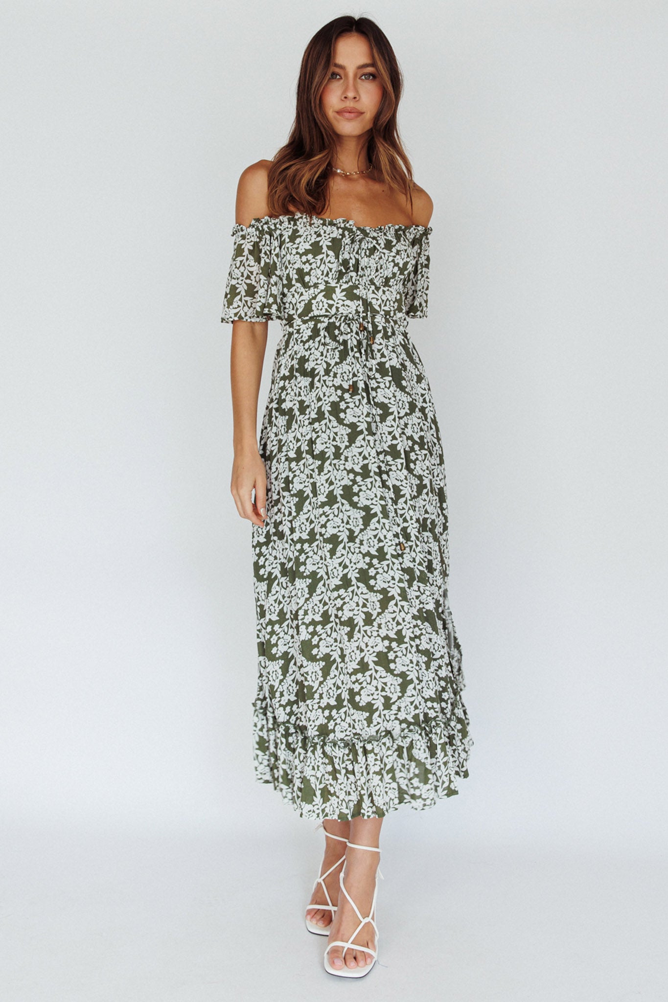 Voyager Off-Shoulder Bell Sleeve Midi Dress Floral Green by Selfie Leslie Australia