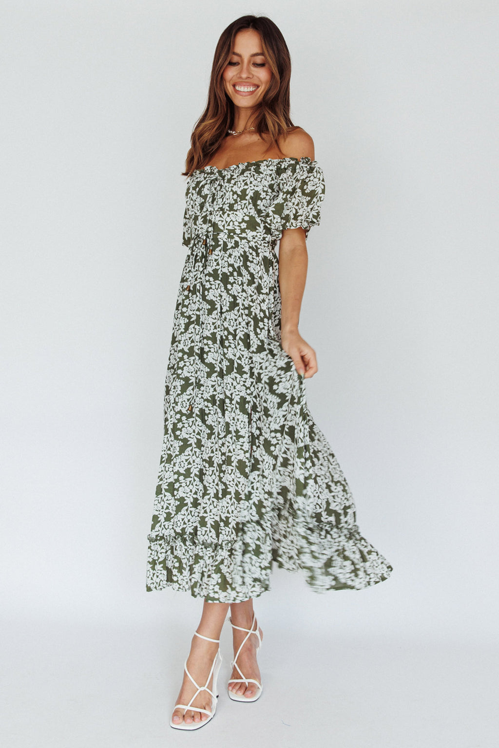 Voyager Off-Shoulder Bell Sleeve Midi Dress Floral Green by Selfie Leslie Australia