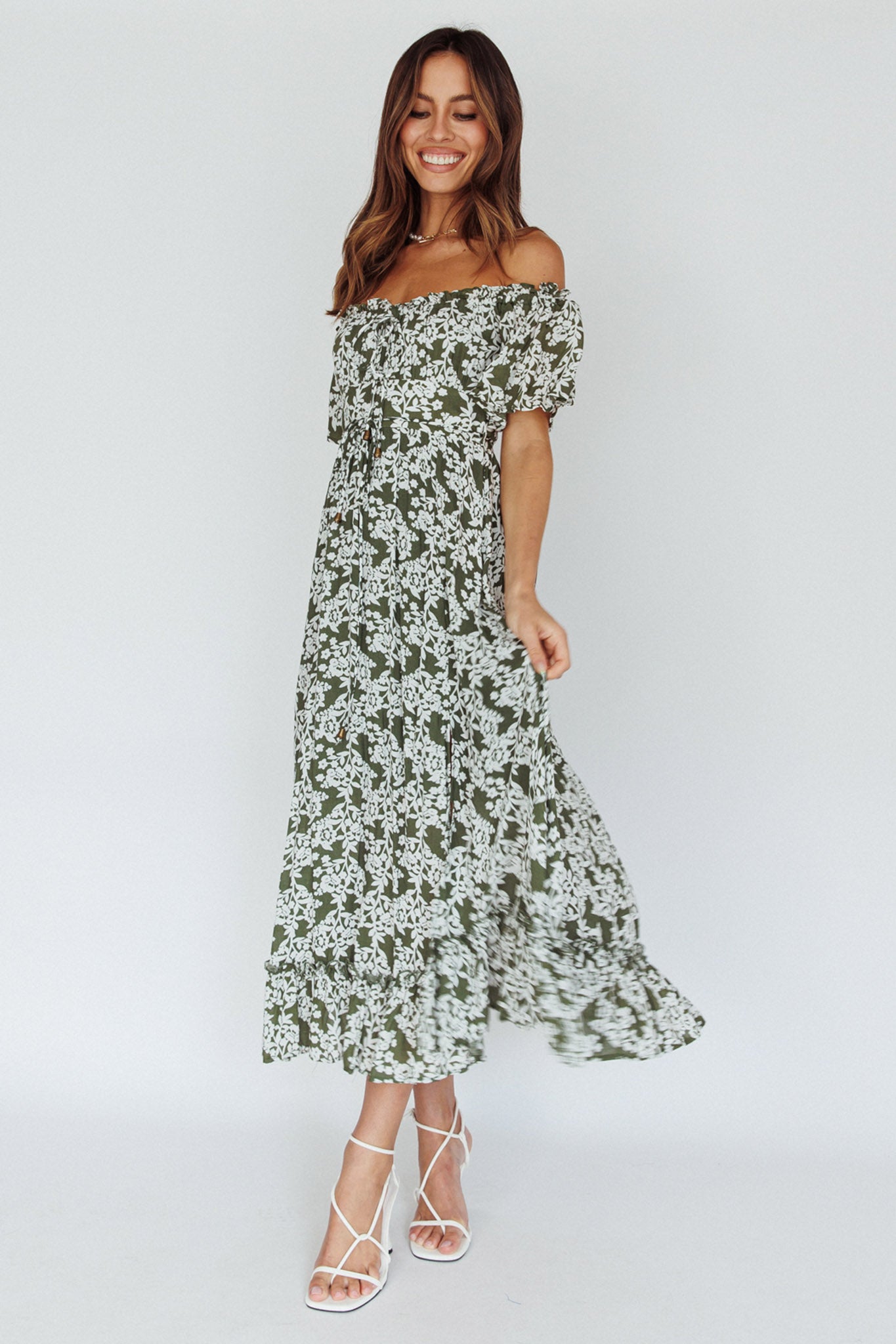 Voyager Off-Shoulder Bell Sleeve Midi Dress Floral Green by Selfie Leslie Australia