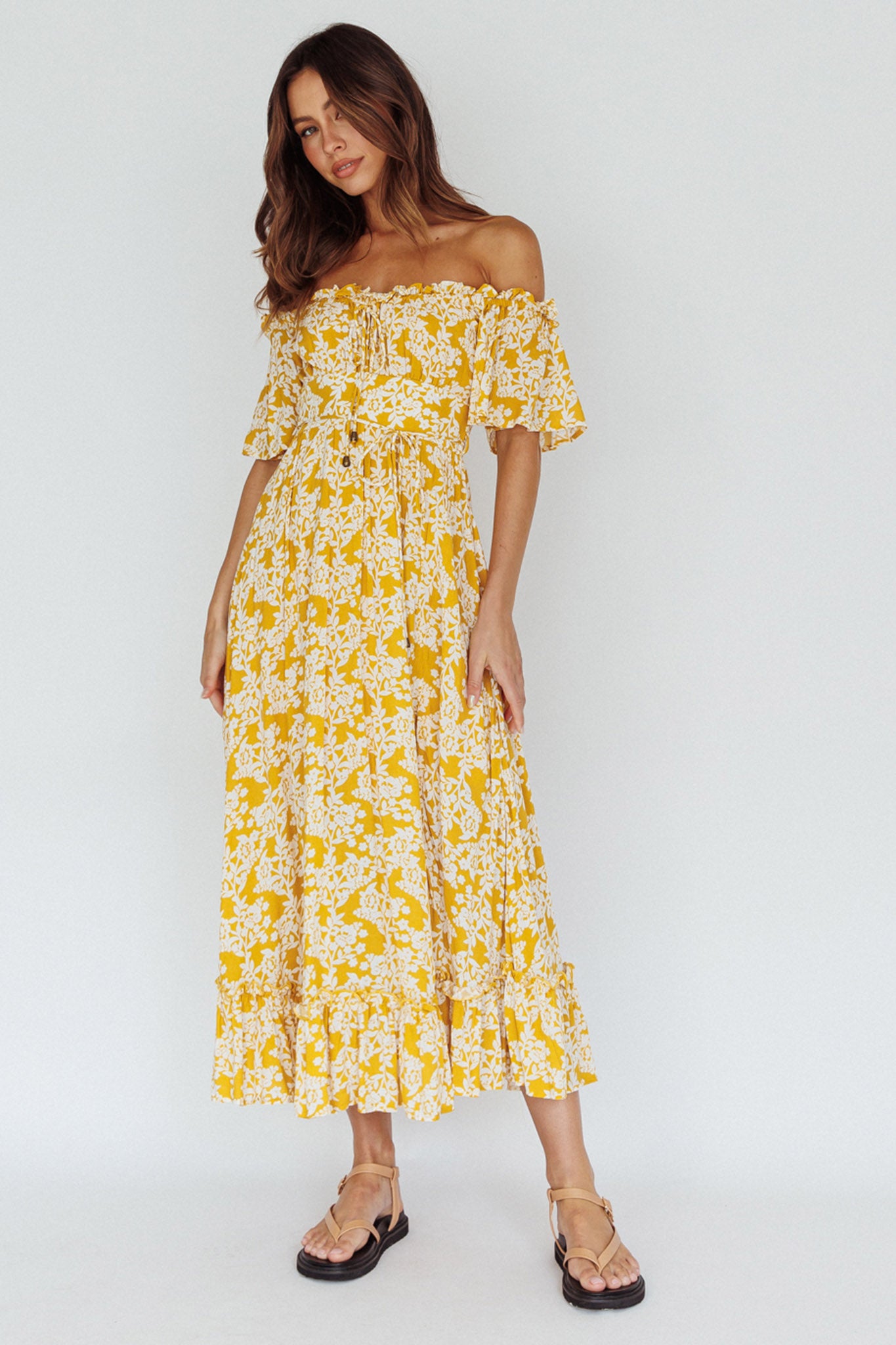 Voyager Off-Shoulder Bell Sleeve Midi Dress Floral Yellow by Selfie Leslie Australia