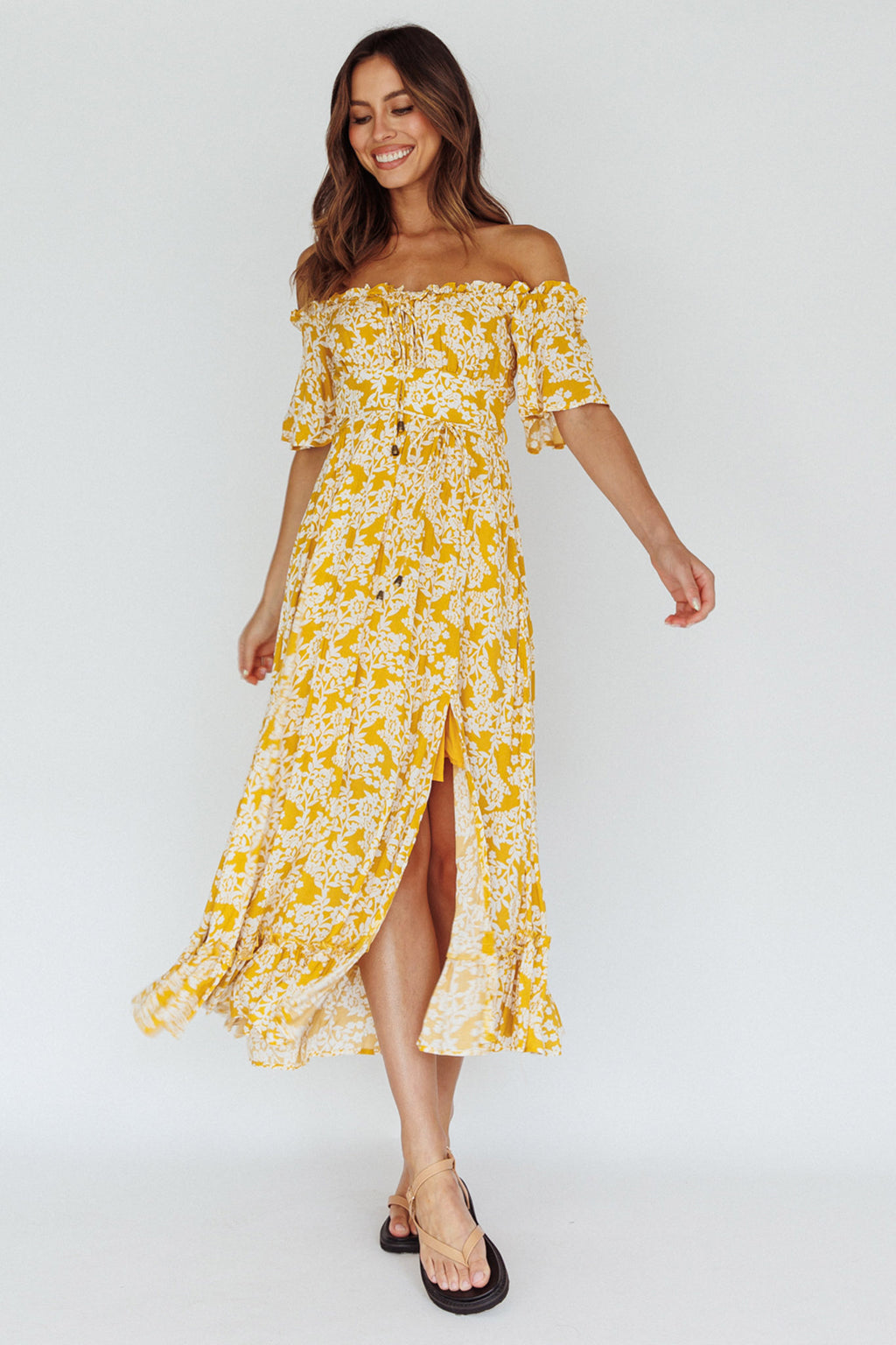 Voyager Off-Shoulder Bell Sleeve Midi Dress Floral Yellow by Selfie Leslie Australia