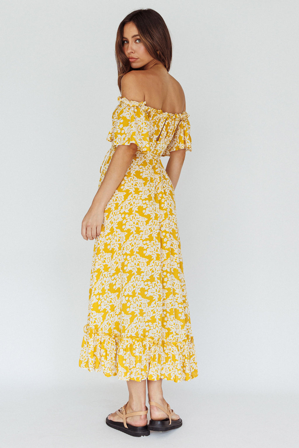 Voyager Off-Shoulder Bell Sleeve Midi Dress Floral Yellow by Selfie Leslie Australia