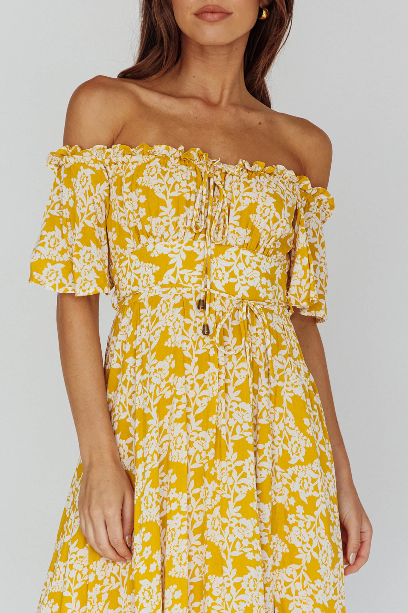 Voyager Off-Shoulder Bell Sleeve Midi Dress Floral Yellow by Selfie Leslie Australia