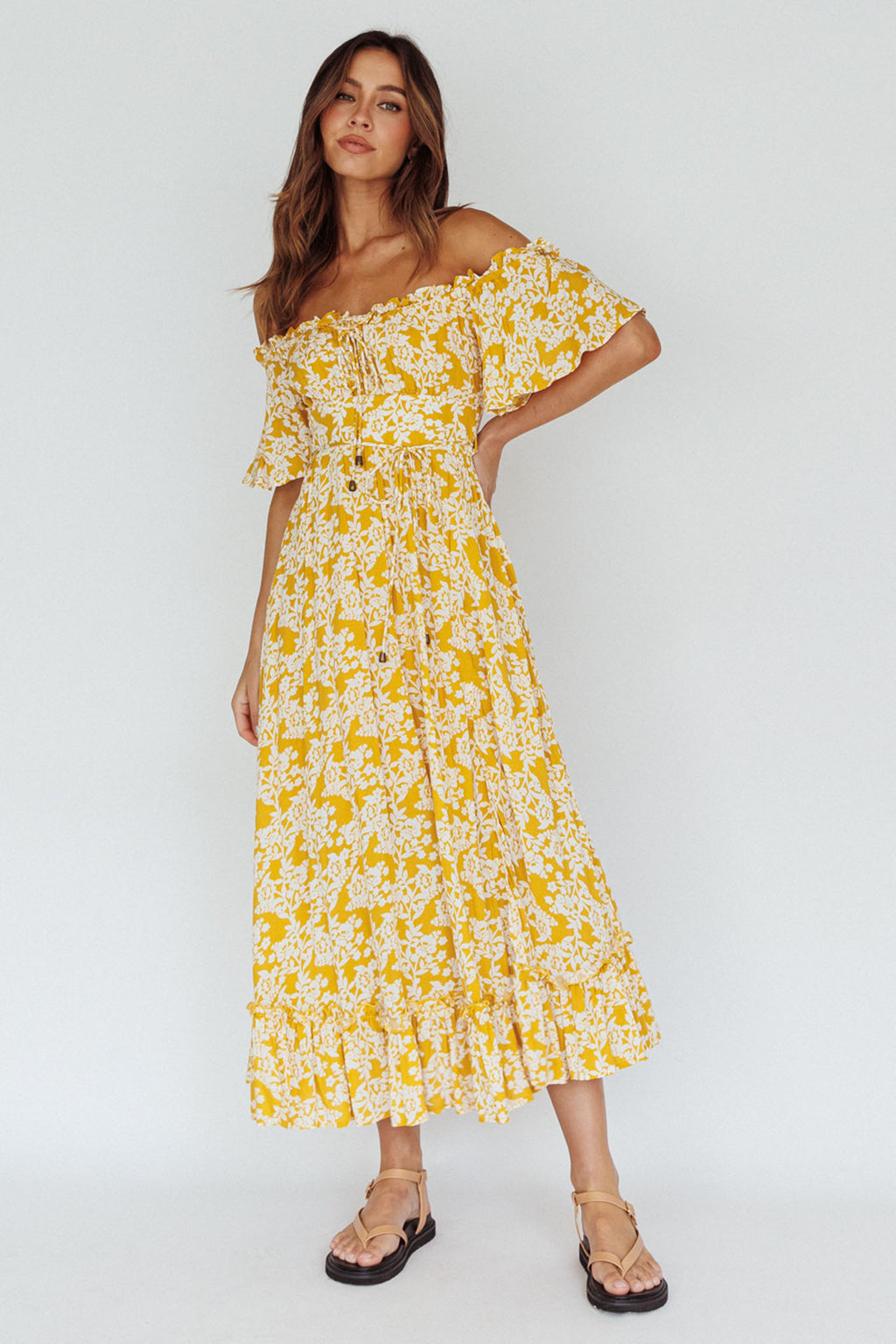 Voyager Off-Shoulder Bell Sleeve Midi Dress Floral Yellow by Selfie Leslie Australia