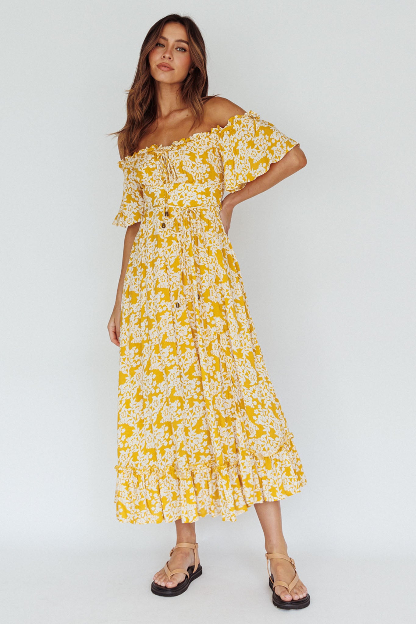 Voyager Off-Shoulder Bell Sleeve Midi Dress Floral Yellow by Selfie Leslie Australia