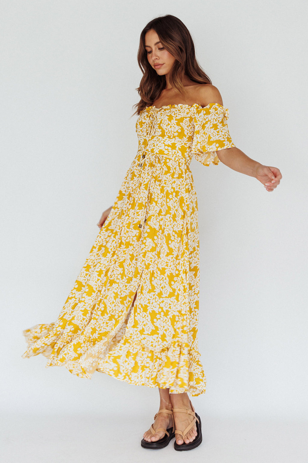 Voyager Off-Shoulder Bell Sleeve Midi Dress Floral Yellow by Selfie Leslie Australia