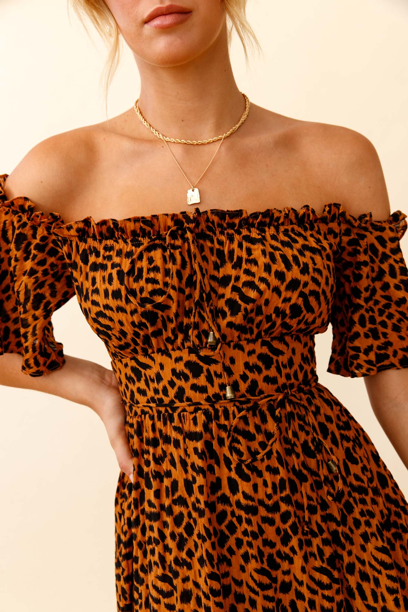 Voyager Off-Shoulder Bell Sleeve Midi Dress Leopard Print Brown by Selfie Leslie