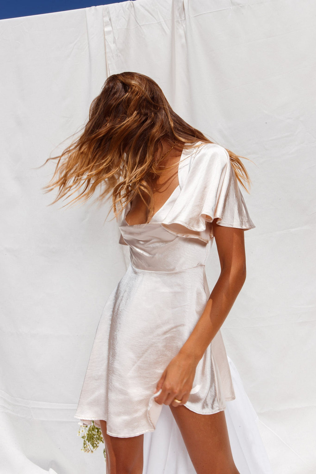 Sydney Angel Sleeve Cowl Neck Satin Dress Champagne by Selfie Leslie