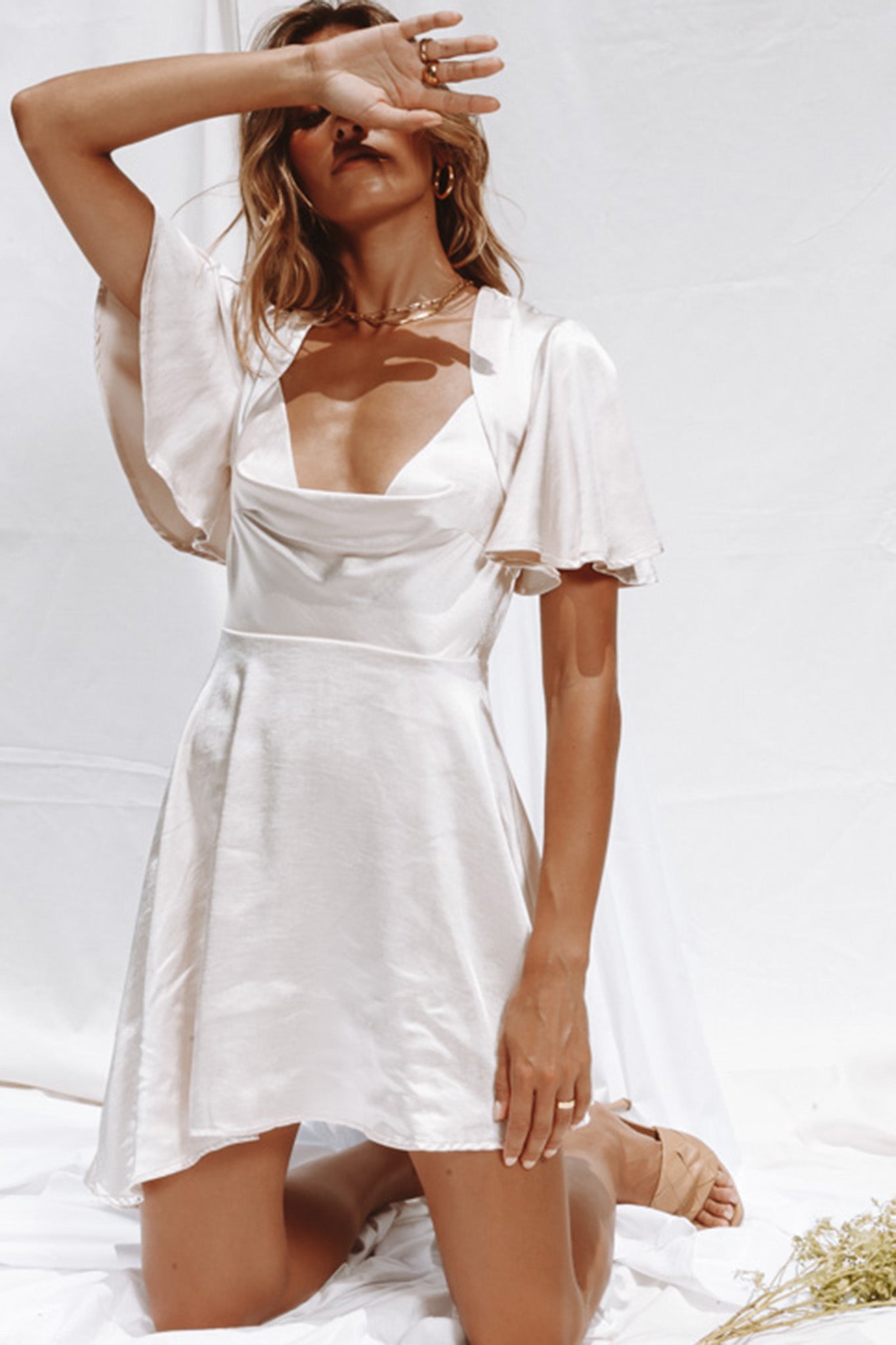 Sydney Angel Sleeve Cowl Neck Satin Dress Champagne by Selfie Leslie