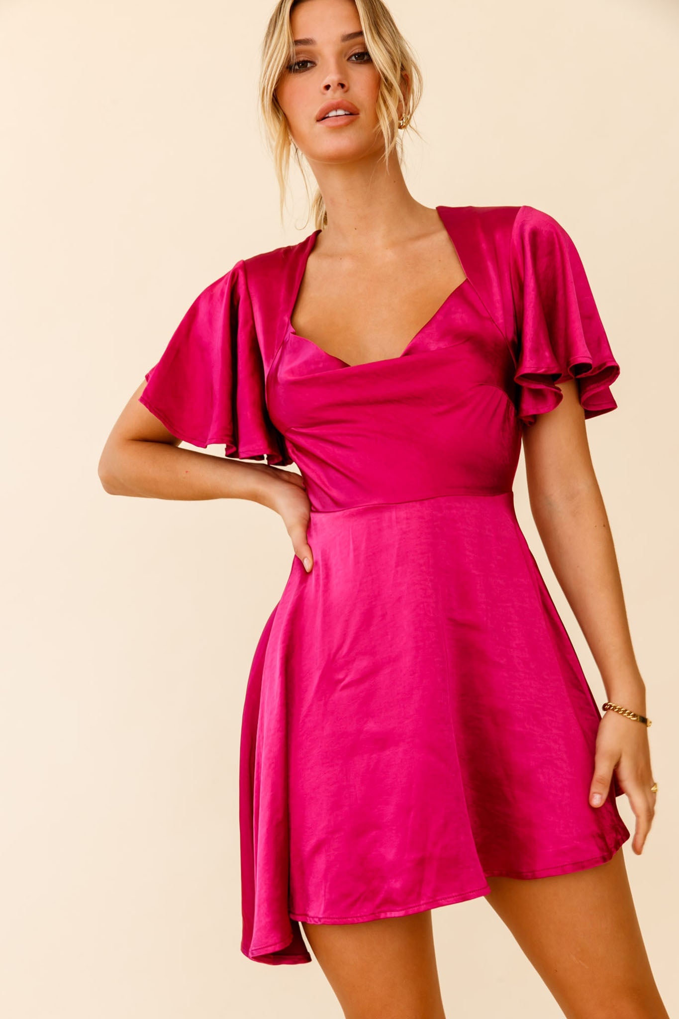 Sydney Angel Sleeve Cowl Neck Satin Dress Plum by Selfie Leslie