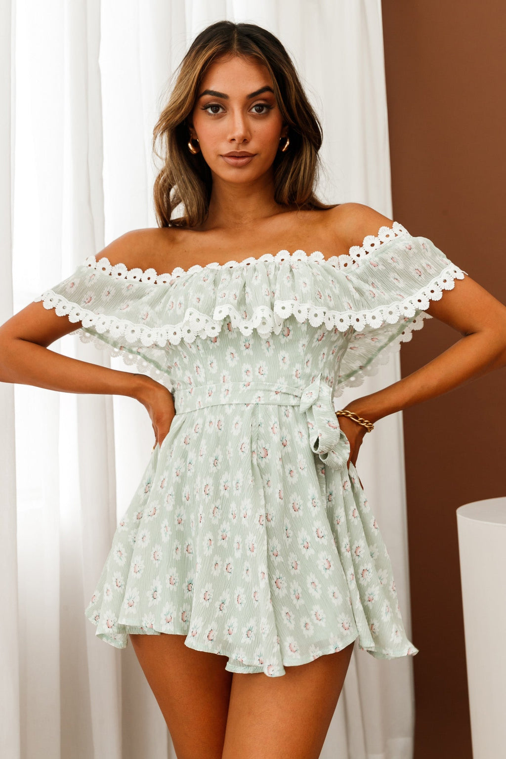Jalisco Off-Shoulder Waist Tie Romper Floral Print Sage/White by Selfie Leslie