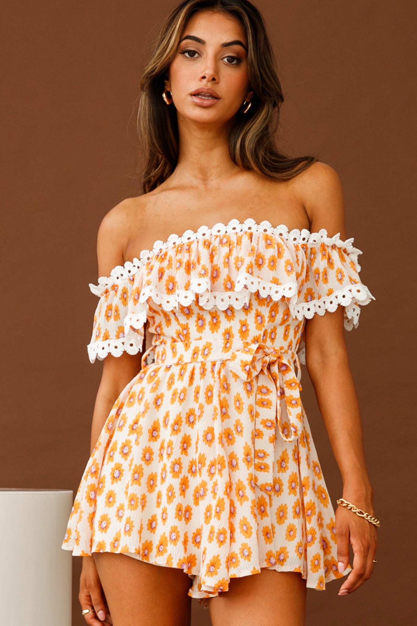 Jalisco Off-Shoulder Waist Tie Romper Floral Print White/Orange by Selfie Leslie