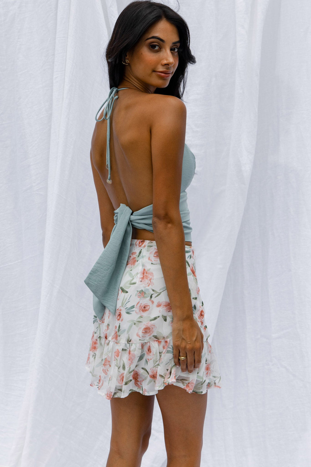 Starshine Halterneck Waist Tie Crop Top Hot Sage by Selfie Leslie