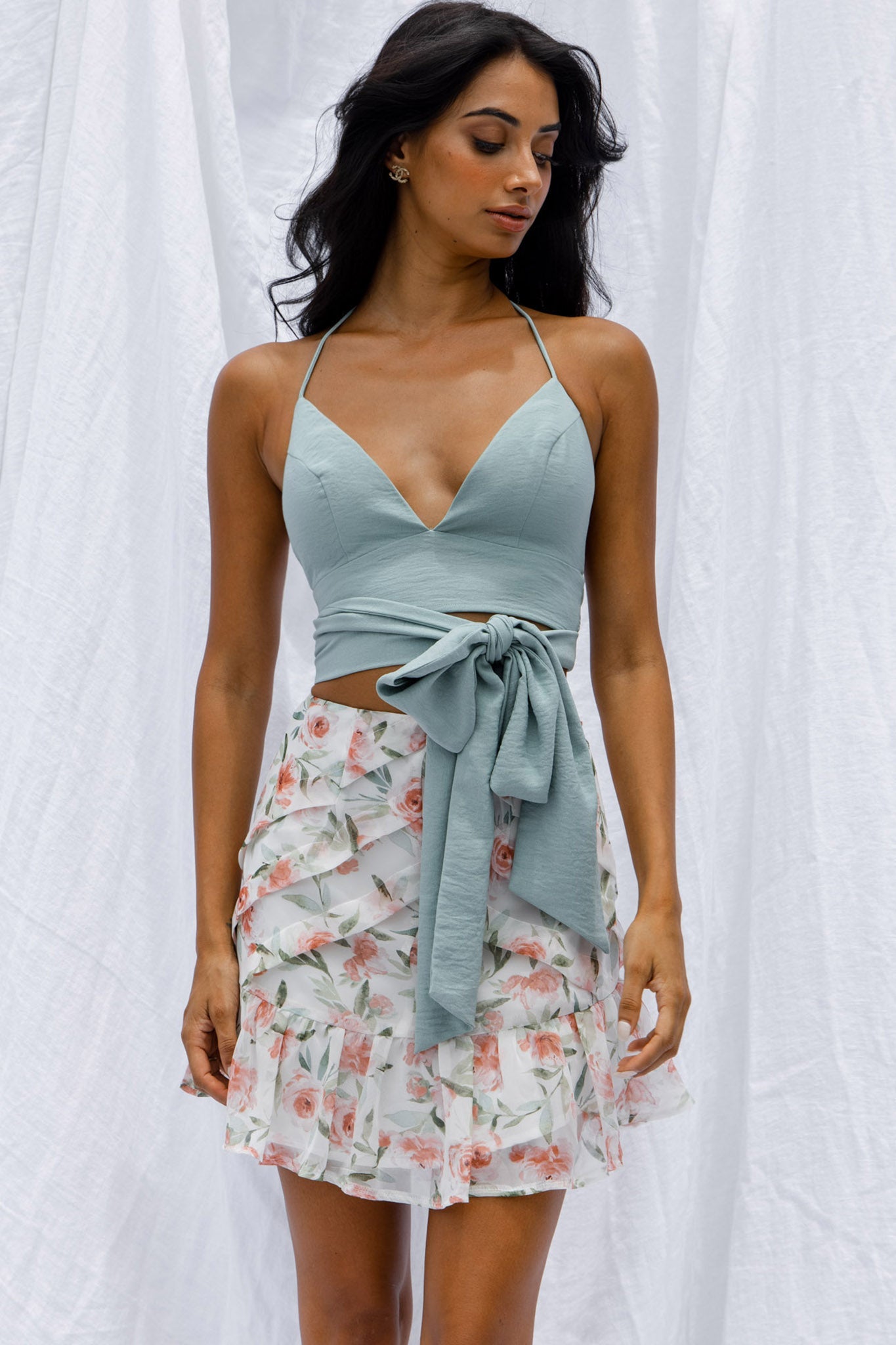 Starshine Halterneck Waist Tie Crop Top Hot Sage by Selfie Leslie