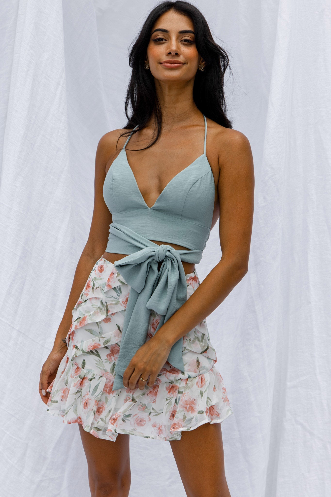 Starshine Halterneck Waist Tie Crop Top Hot Sage by Selfie Leslie