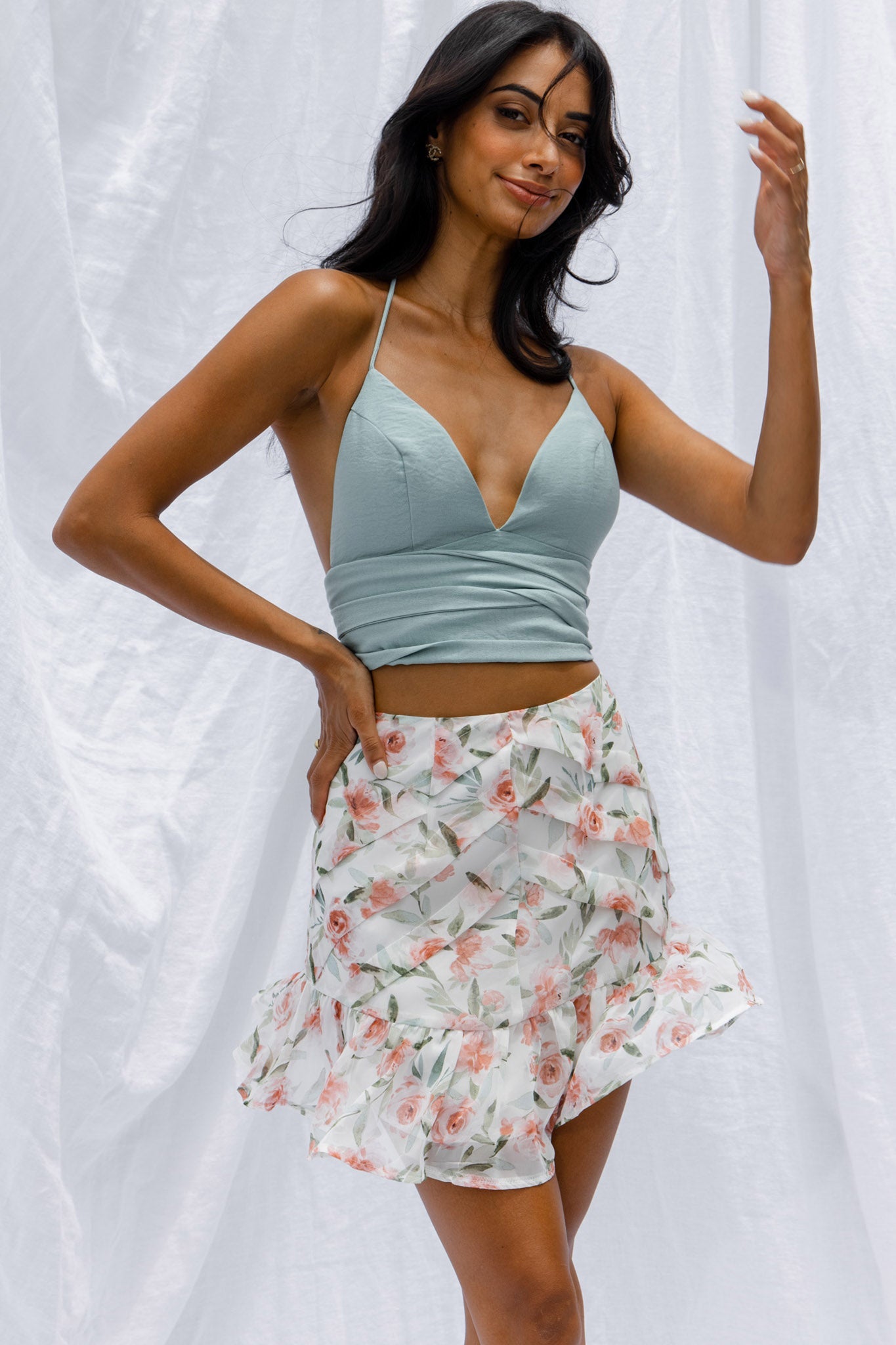 Starshine Halterneck Waist Tie Crop Top Hot Sage by Selfie Leslie
