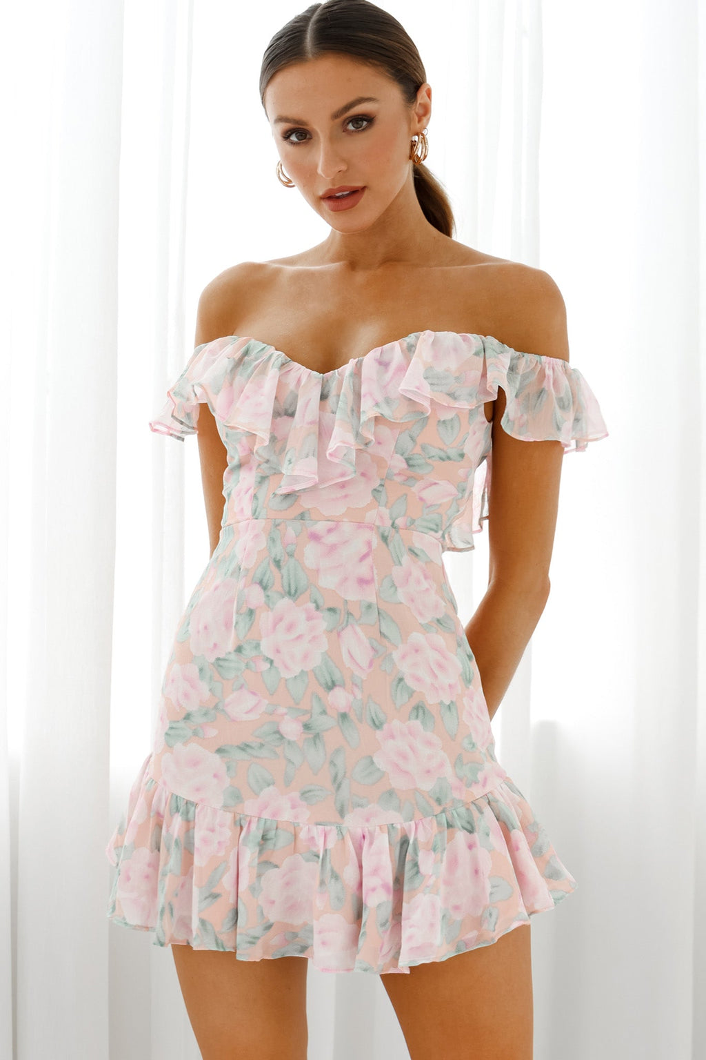 Sweet Melody Sweetheart Neckline Off-Shoulder Dress Floral Print Nude/Pink by Selfie Leslie