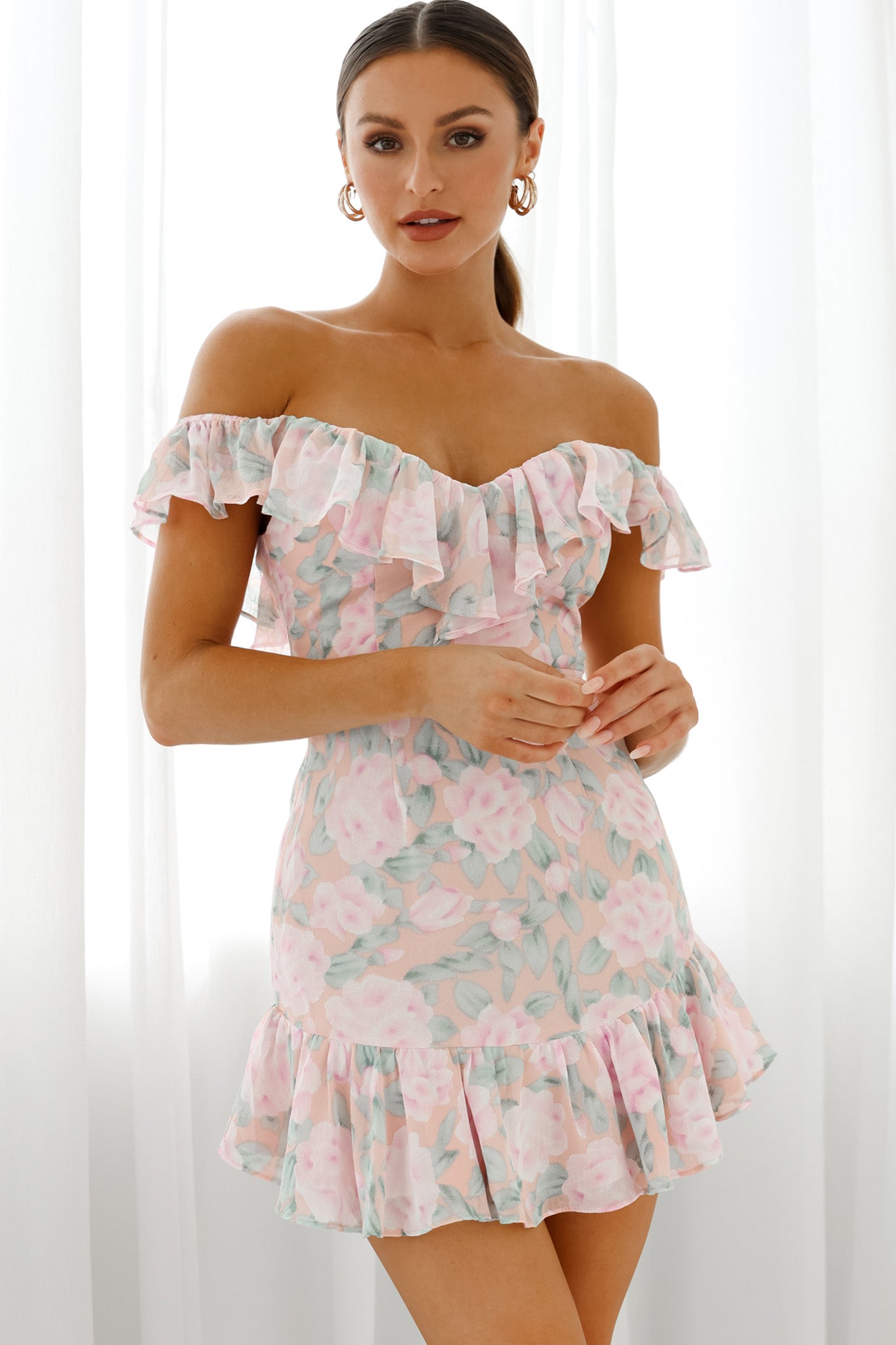 Sweet Melody Sweetheart Neckline Off-Shoulder Dress Floral Print Nude/Pink by Selfie Leslie