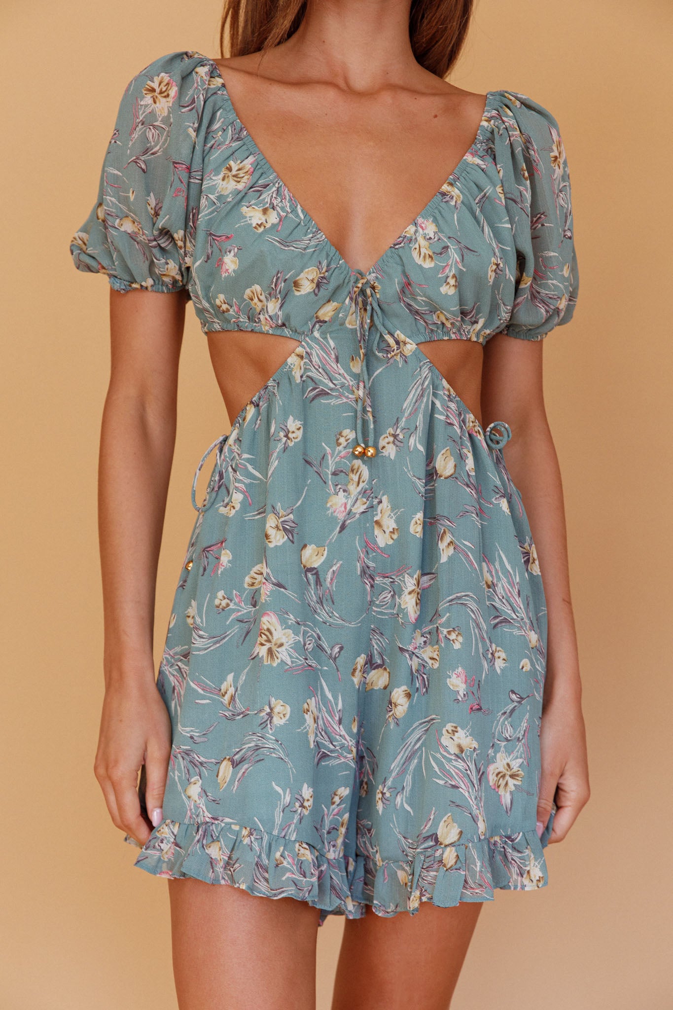 Fancy Free Cut-Out Waist Romper Floral Sage by Selfie Leslie Australia